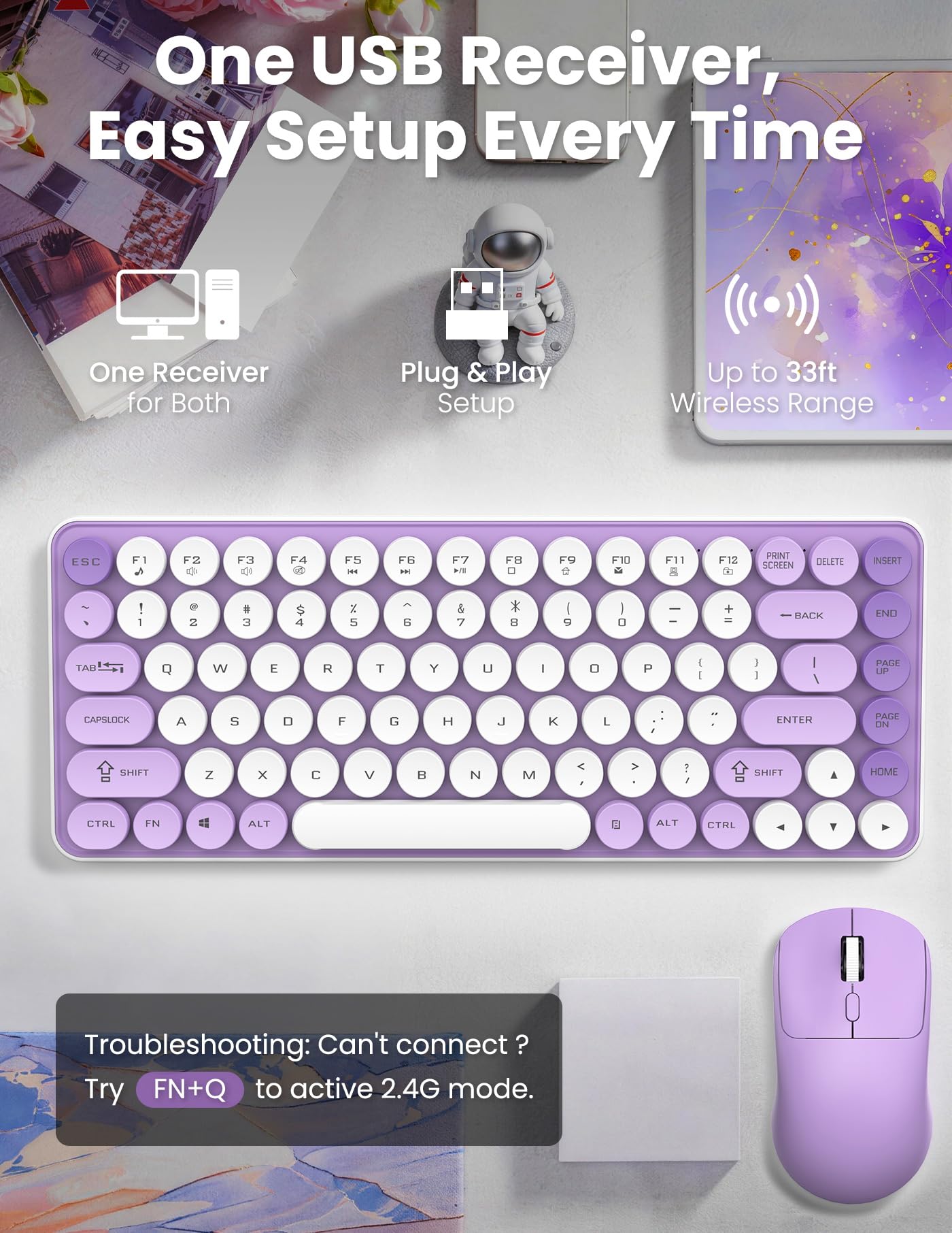 SOPPY Tastiera wireless e mouse combinata, tasti rotondi, tastiera retrò a 85 tasti, modalità Bluetooth/2,4 GHz, compatta ed ergonomica, compatibile con PC/desktop/laptop/Windows, layout USA, viola