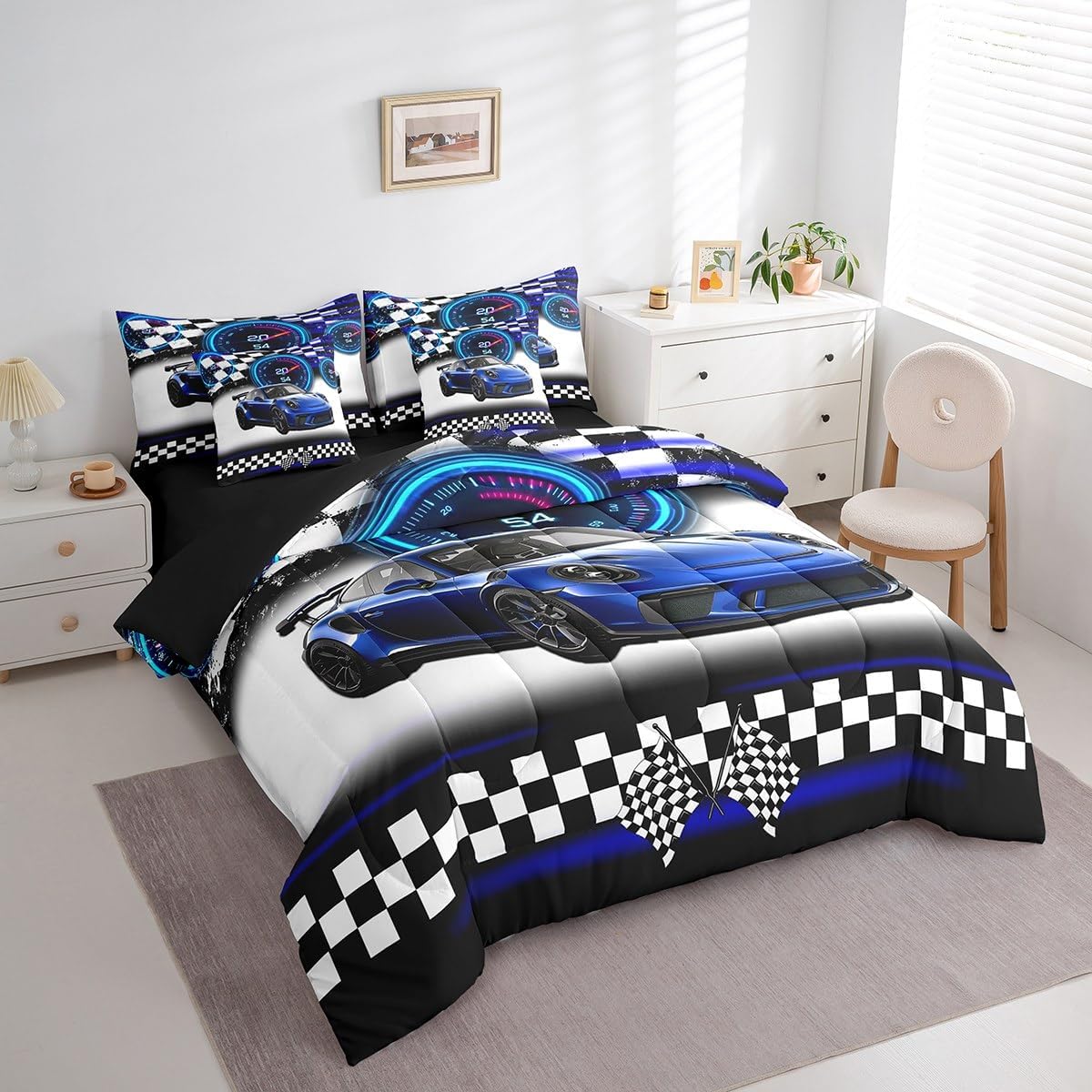 Feelyou 7 Piece Blue Racing Car Bed in a Bag Twin for Boys Kids Car Sports Sheet Set,Extreme Sport Games Bed Set for Girls Women Modern Bedding Set with Comforter Cool Speed Cushion Covers