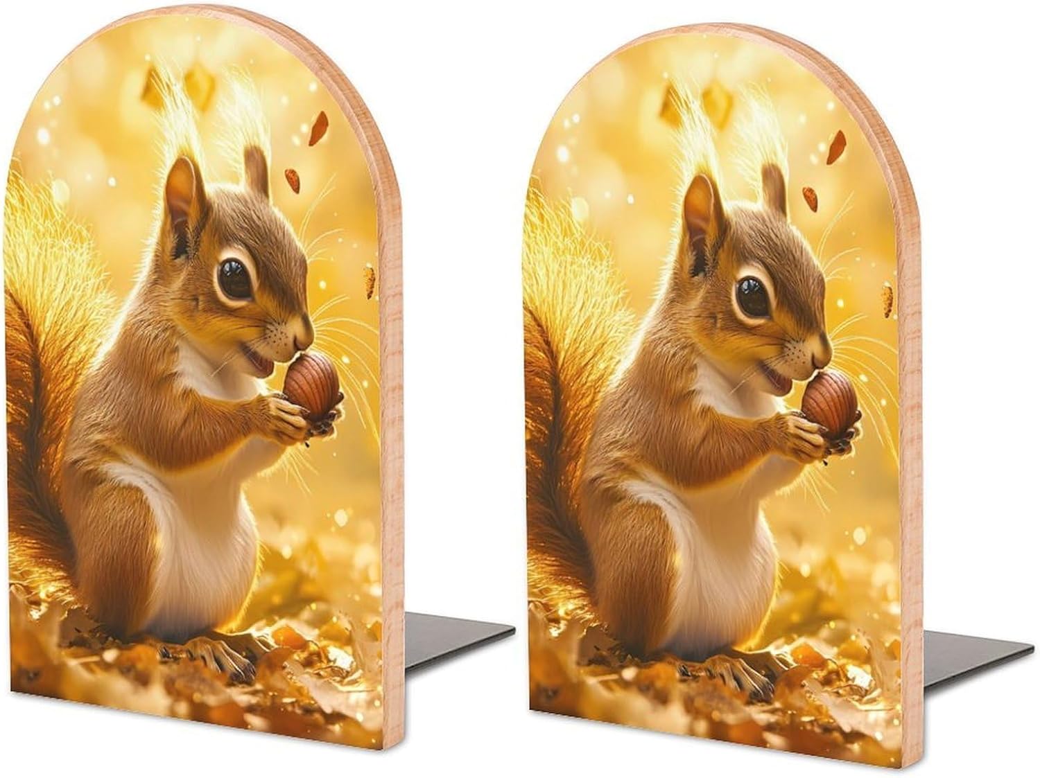 Squirrel with Long Tail Cute Wood Book Ends Decorative Bookends 1 Pair Non-Skid for Shelves Home Office 7 X 5 Inch