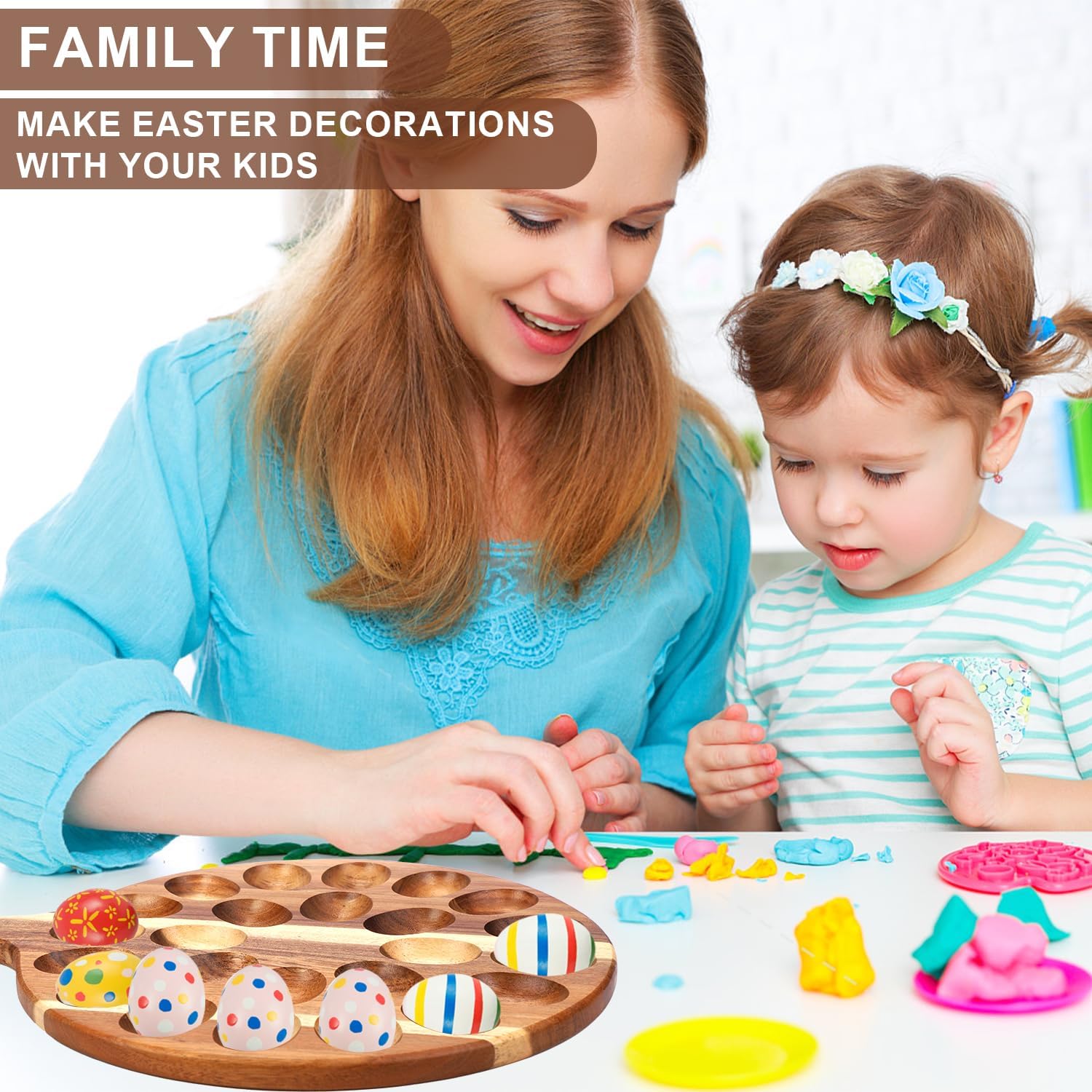 24 Holes Deviled Egg Platter, Reversible Acacia Wood Devil Egg Tray Thick Round Charcuterie Serving Board Deviled Egg Plate Holder Carrier for Easter Christmas Kitchen Countertop