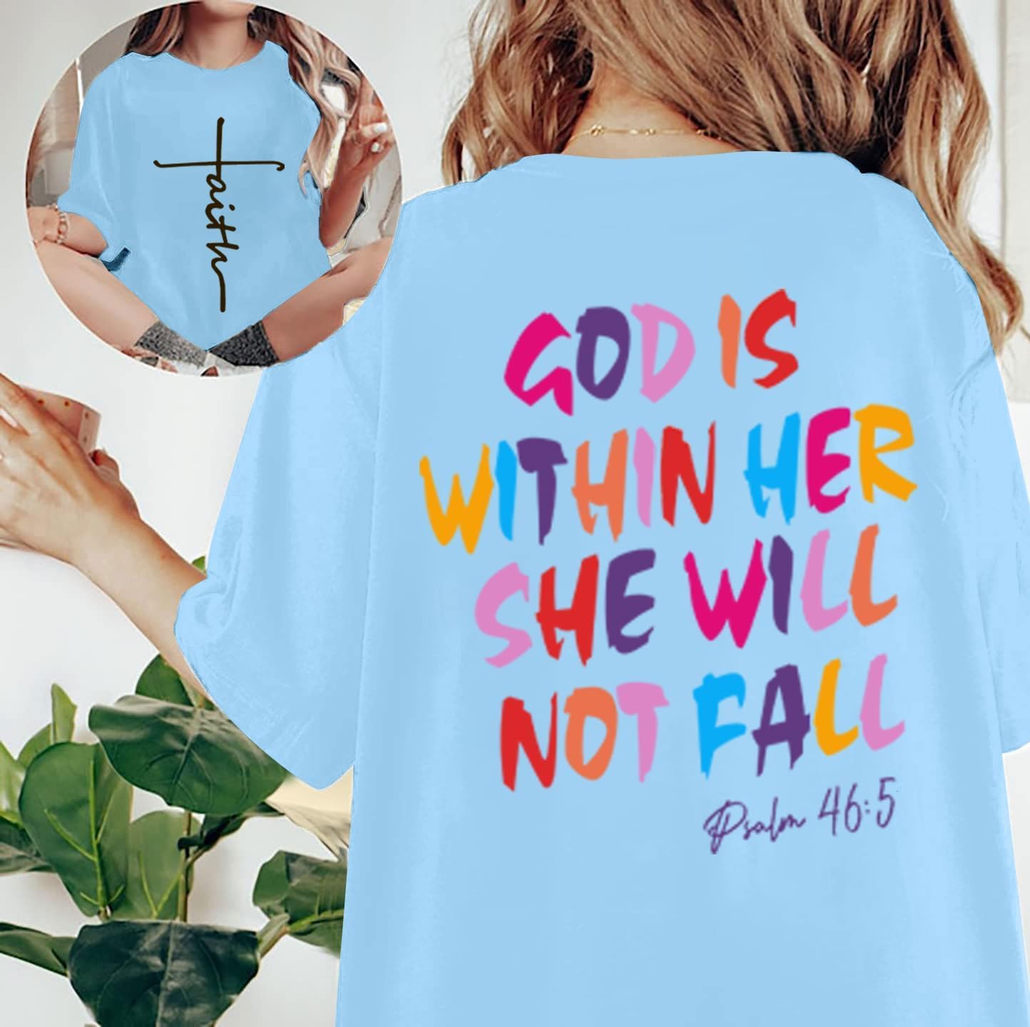 Oversized Christian Tshirts for Women God is Within Her Tops Jesus Faith Shirts Bible Verse Inspirational Graphic Tees - Image 2
