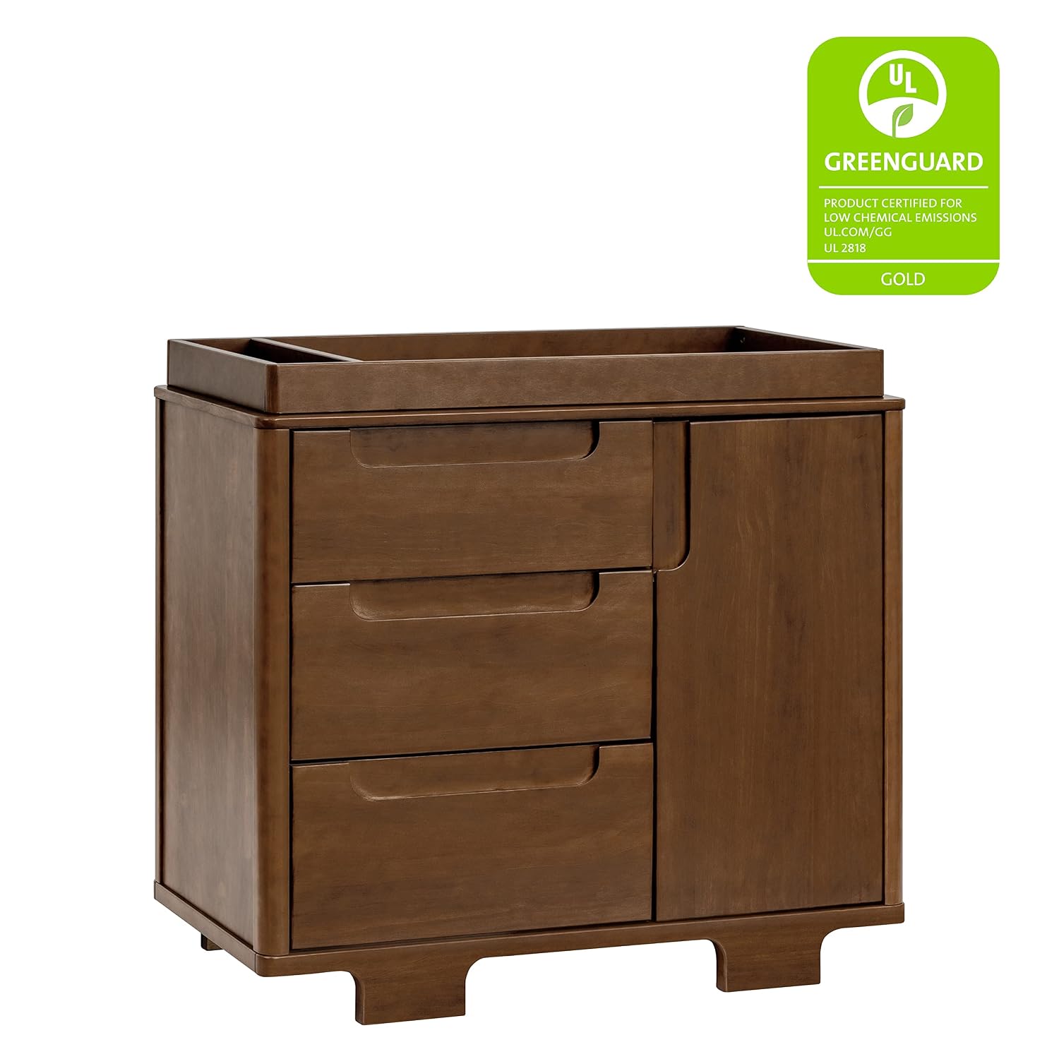 Babyletto Yuzu 3-Drawer Dresser with Over 10-inch Drawer Extension in Natural Walnut, Greenguard Gold Certified