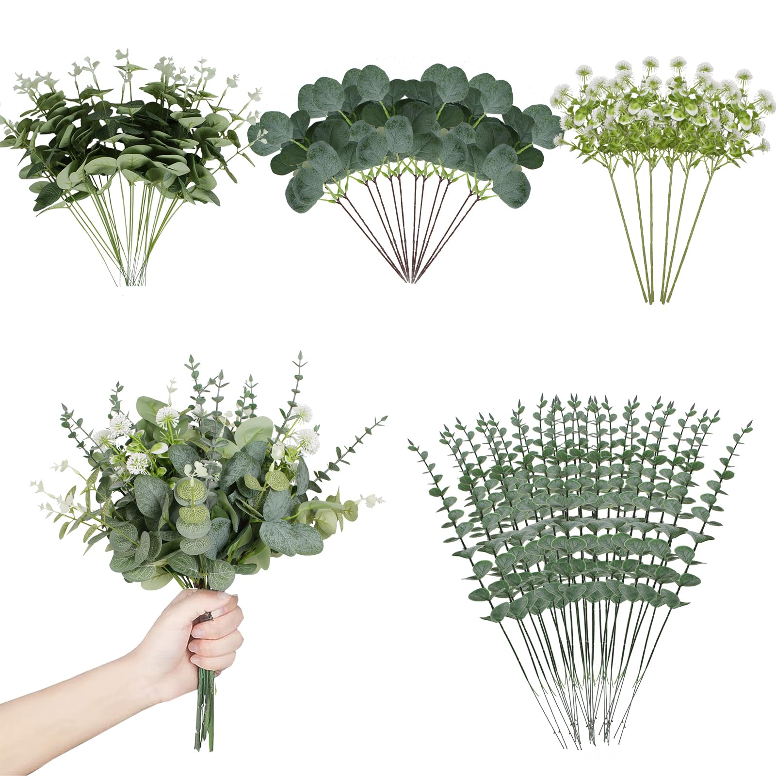 Coreland Artificial Eucalyptus Leaves Stems 120 Pcs 4 Kinds Mixed Fake Silver Dollar Eucalyptus Leaves Stem with Dandelion Bulk Faux Leaf for DIY