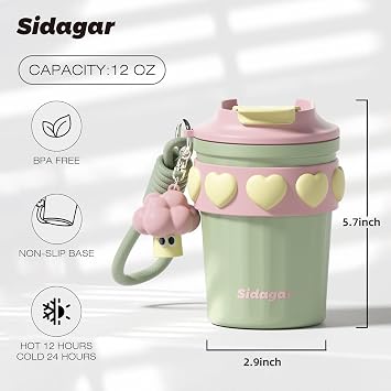 Sidagar 12 oz Travel Coffee Mug Spill Proof Leak Proof, Stainless Steel Thermal Coffee Cup with Lid, Resuable Cup for Hot and Cold, Portable Tumbler for Women, Green