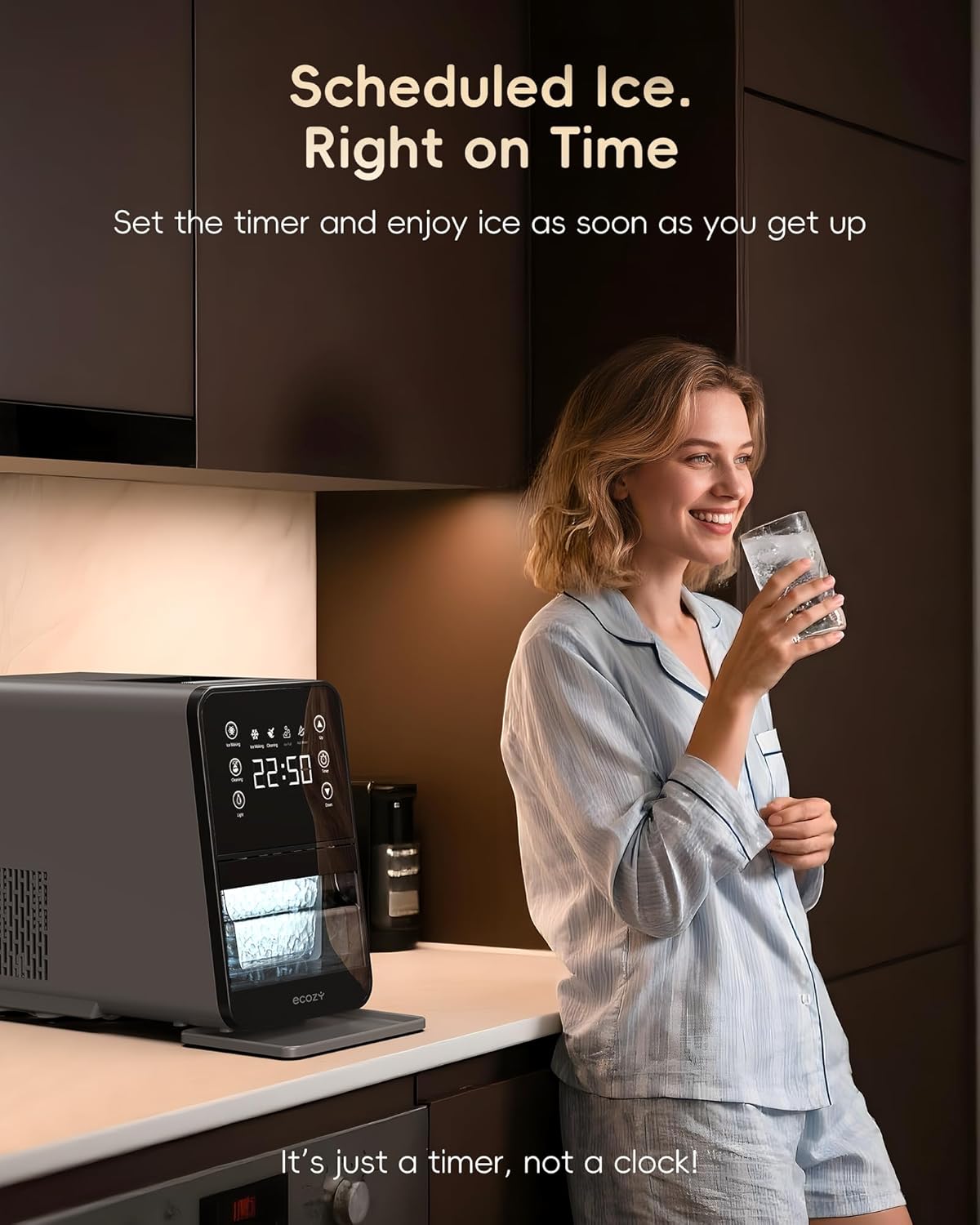 ecozy Nugget Ice Maker Countertop, 40Lbs/24H Chewable Pebble Ice, One-Touch Timer Control, Self-Cleaning Sonic Ice Machine with TDS Water Tester, Pull-Out Ice Basket, Compact for Home Kitchen Office