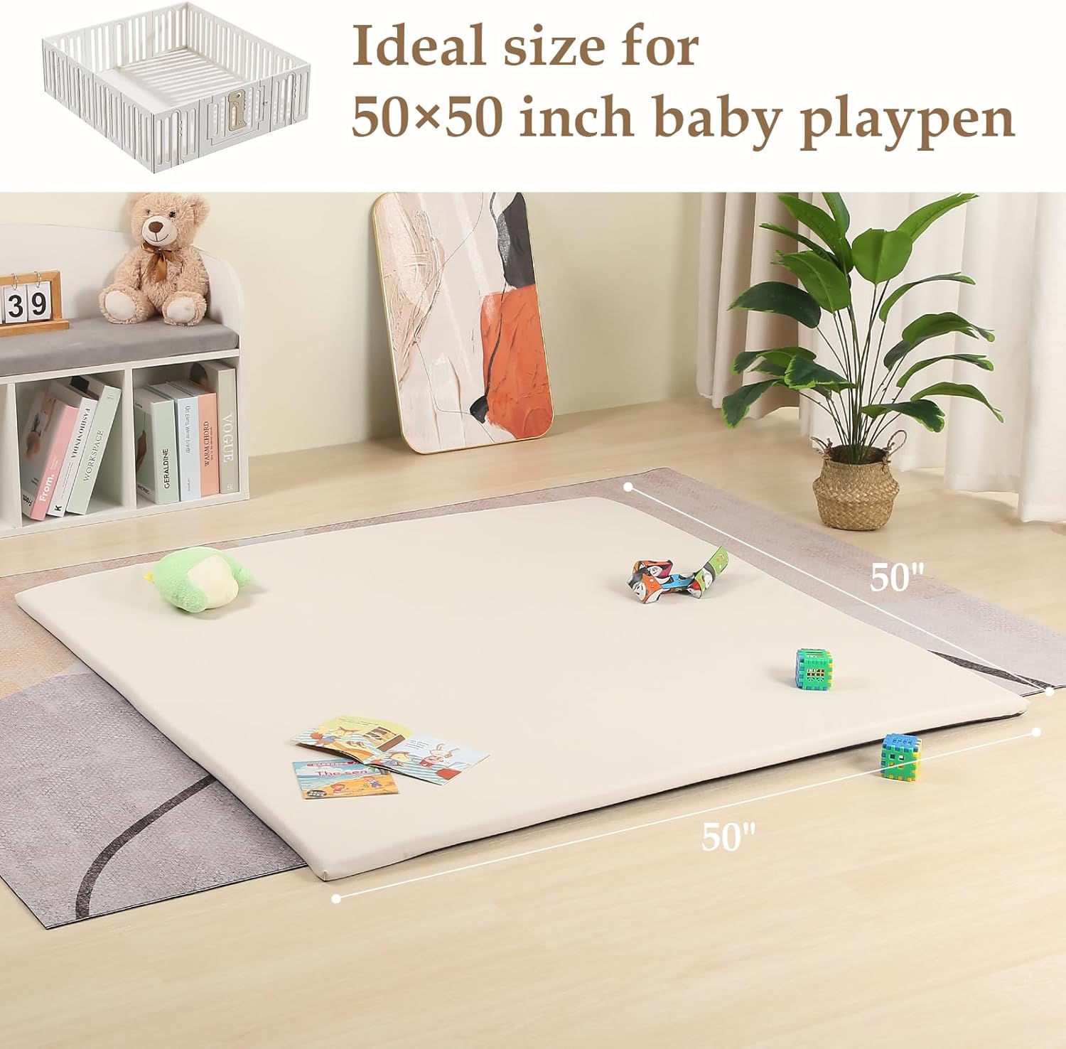 50"x50" Premium Baby Play Mat, Thick Memory Foam with Wipe-Clean Leather Cover, Non-Slip & Machine Washable Floor Mat for Tummy Time, Crawling and Family Bonding Time, Cream