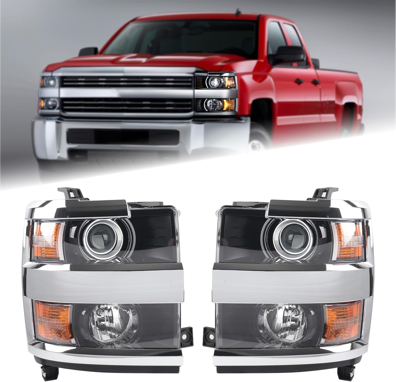 Pair Chrome Projector Headlight Headlamp Assembly Compatible for 2015-2019 Chevy Silverado 2500HD 3500HD GM2502416 GM2503416