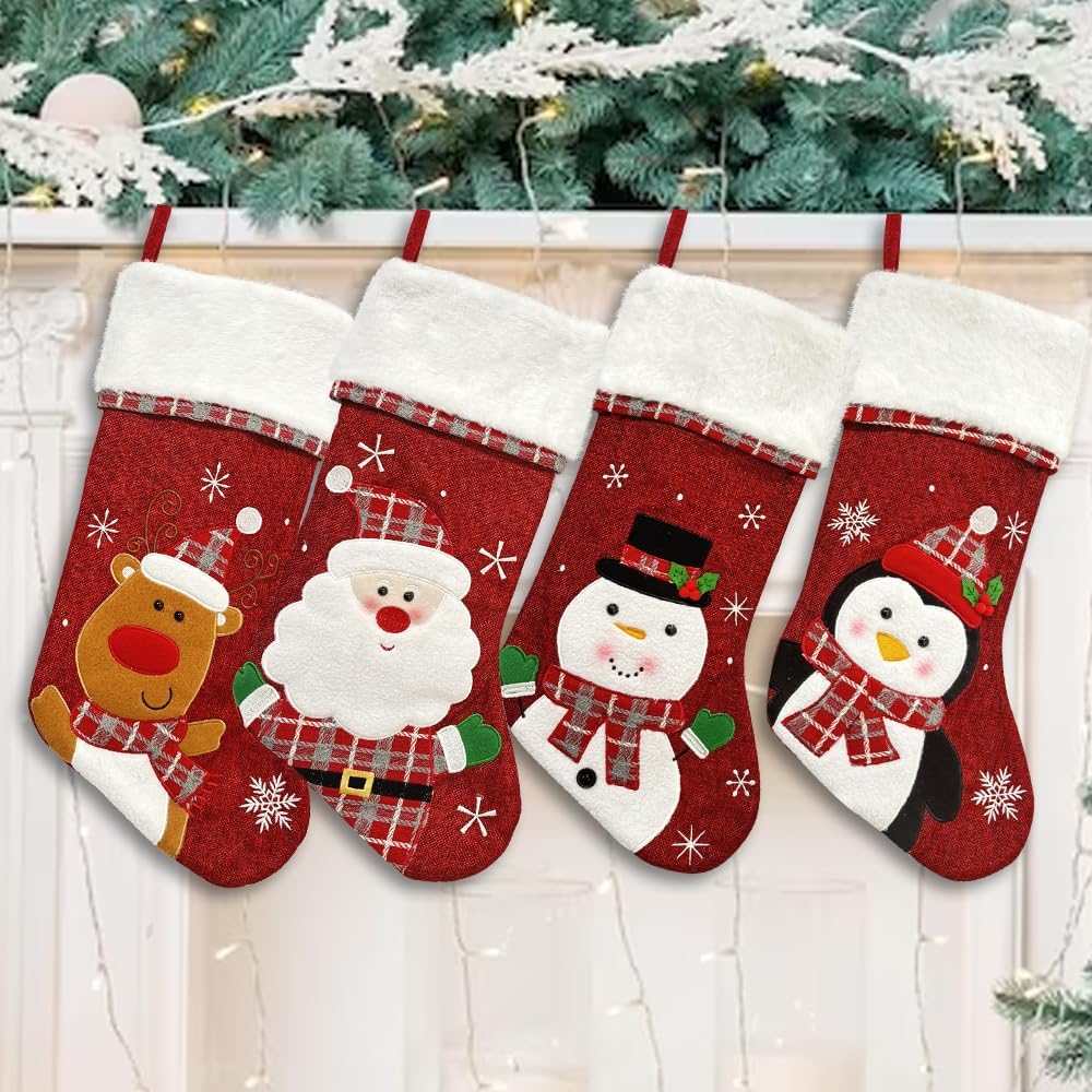 Hying 4 Pieces Large Christmas Stockings Xmas Santa Snowman Stockings Winter Stocking Decorations Red Velvet Stockings for Home Hanging Ornaments Christmas Party Favor