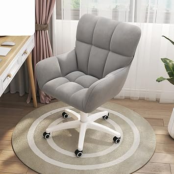 Mid Century Modern Velvet Office Chair with Lumbar Support Thick Cushion Unique Design Stylish Grey Ergonomic Desk Chair for Home & Office Use