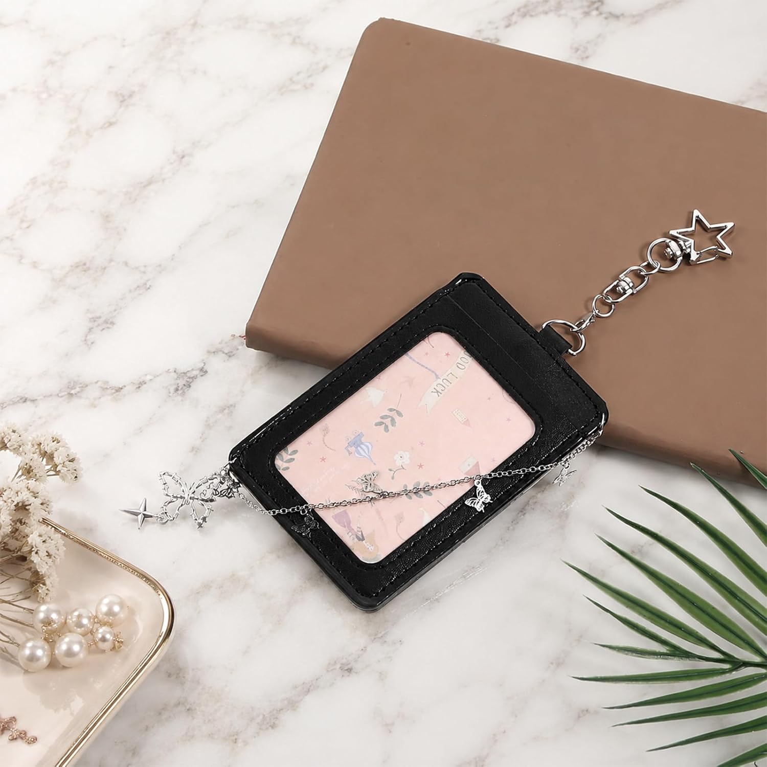 Photocard Holder Keychain Cute Hard Protective Card Case with Star Charms Black Leather Photo Card Holder ID Badge Holders Chain Decoration