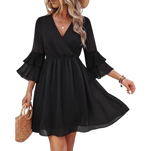 Bebonnie Womens 3/4 Ruffle Sleeve Spring Summer Casual V Neck Flowy Chiffon Layers Dresses