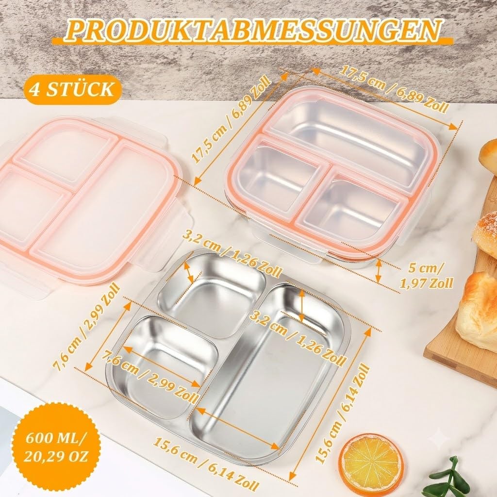 Lot de 4 boîtes à goûter en acier inoxydable. Snackbox étanche 600ml avec couvercle et 3 compartiments, boîte idéale pour école, bureau et pique-nique