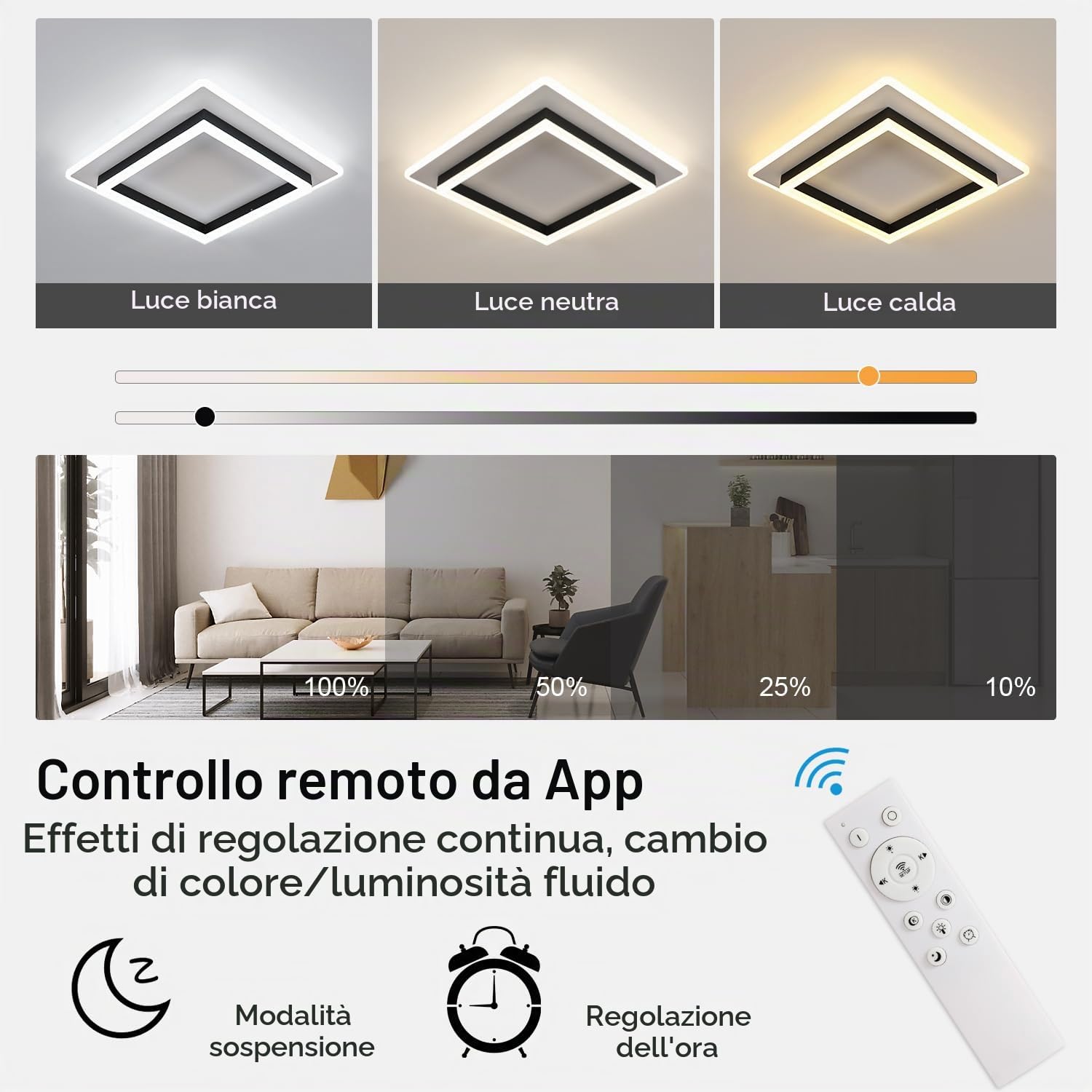 Goeco Plafoniera LED Soffitto Dimmerabile 41W 40CM, Bianco+Nero | Lampada da Soffitto Quadrata Con Telecomando 3000K-6500K Plafoniera Moderno in Acrilico per Camera da Letto Soggiorno Cucina