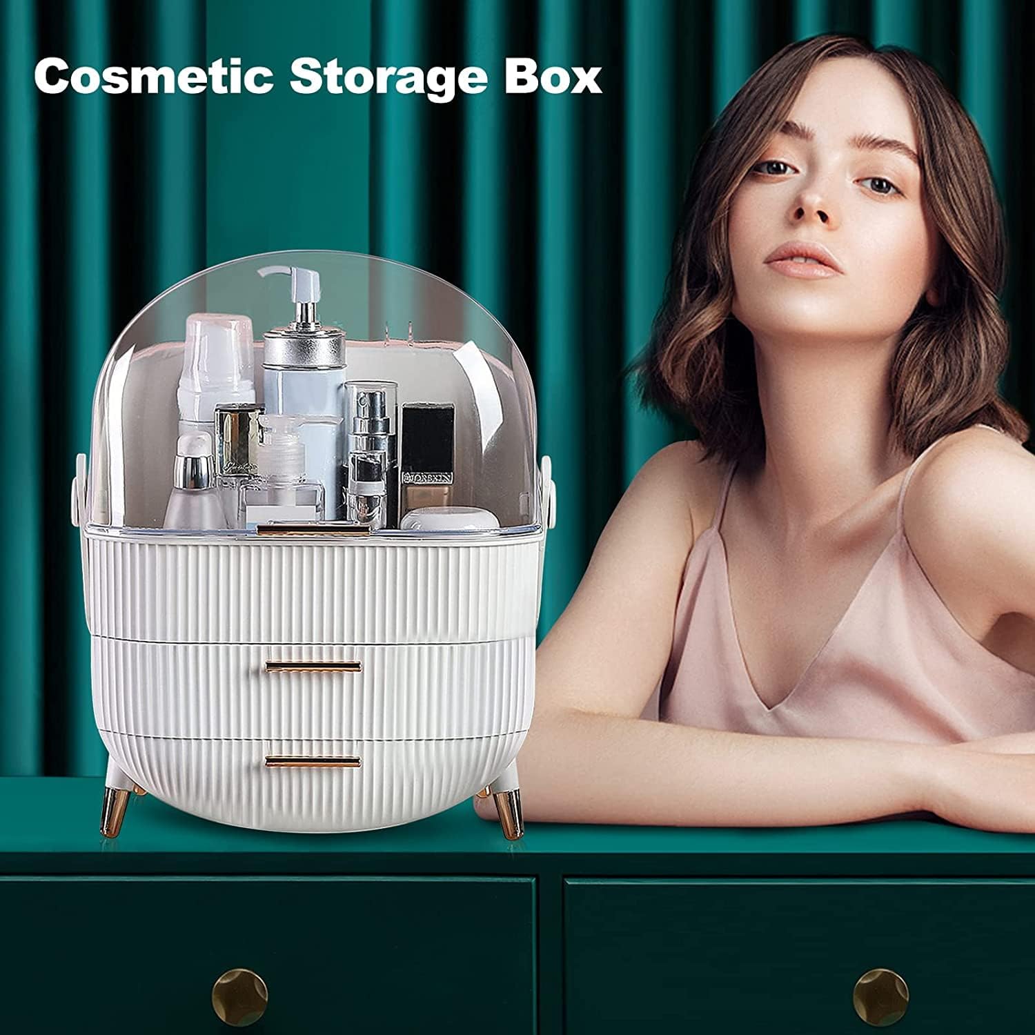 Busy Mom Multi-Function Make Up Case Dustproof Cosmetic Storage Box,Cosmetics Skin Care Products Jewelry Organizer Case Finishing Box Bedroom Bathroom Desktop (White)