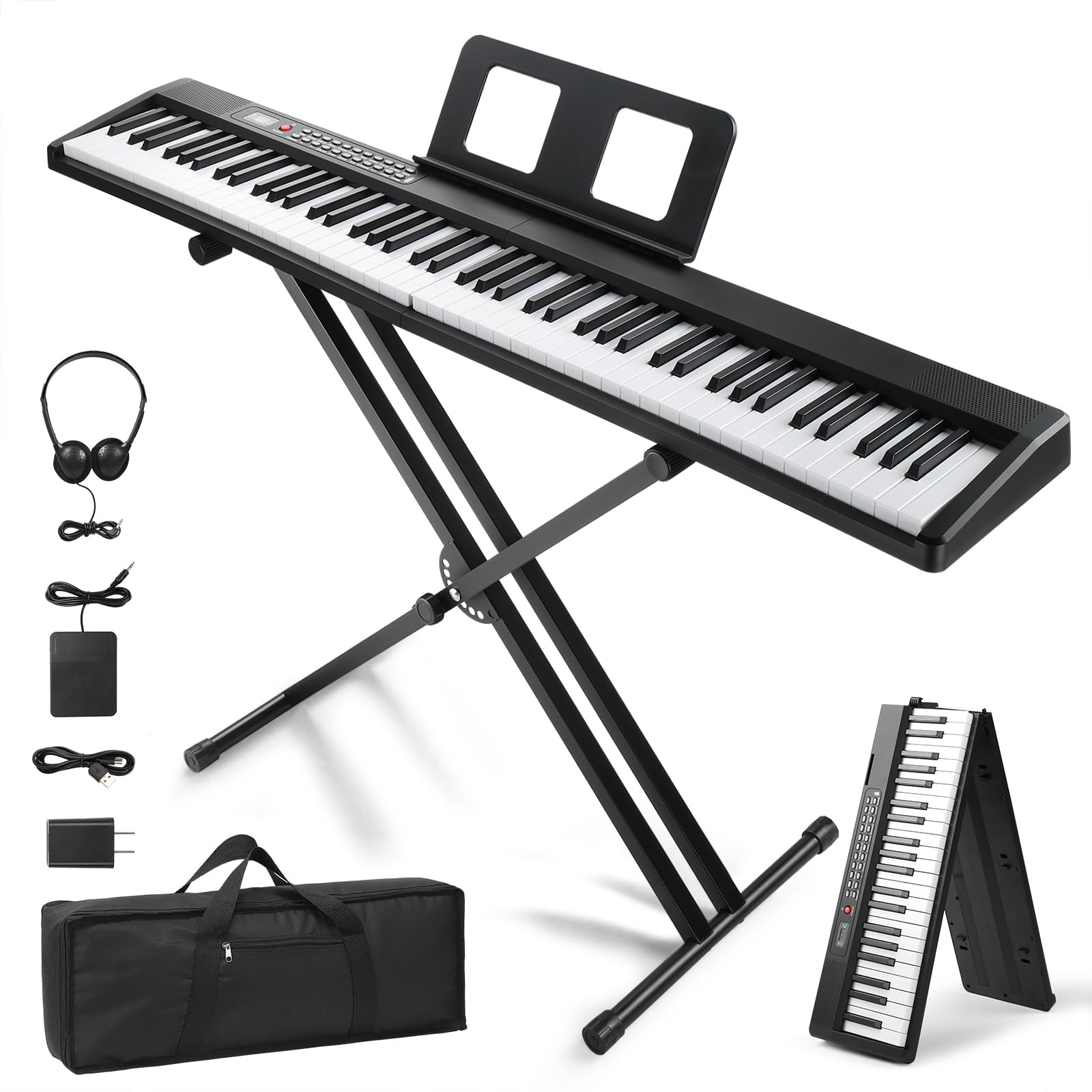 Bonnlo E Piano 88 Tasten, Faltbares Digitalpiano mit Halbgewichteter Keyboard, X-Ständer, Audio- & MIDI-Bluetooth, Sustain-Pedal-System, Kopfhörer – für Anfänger & Fortgeschrittene, Schwarz