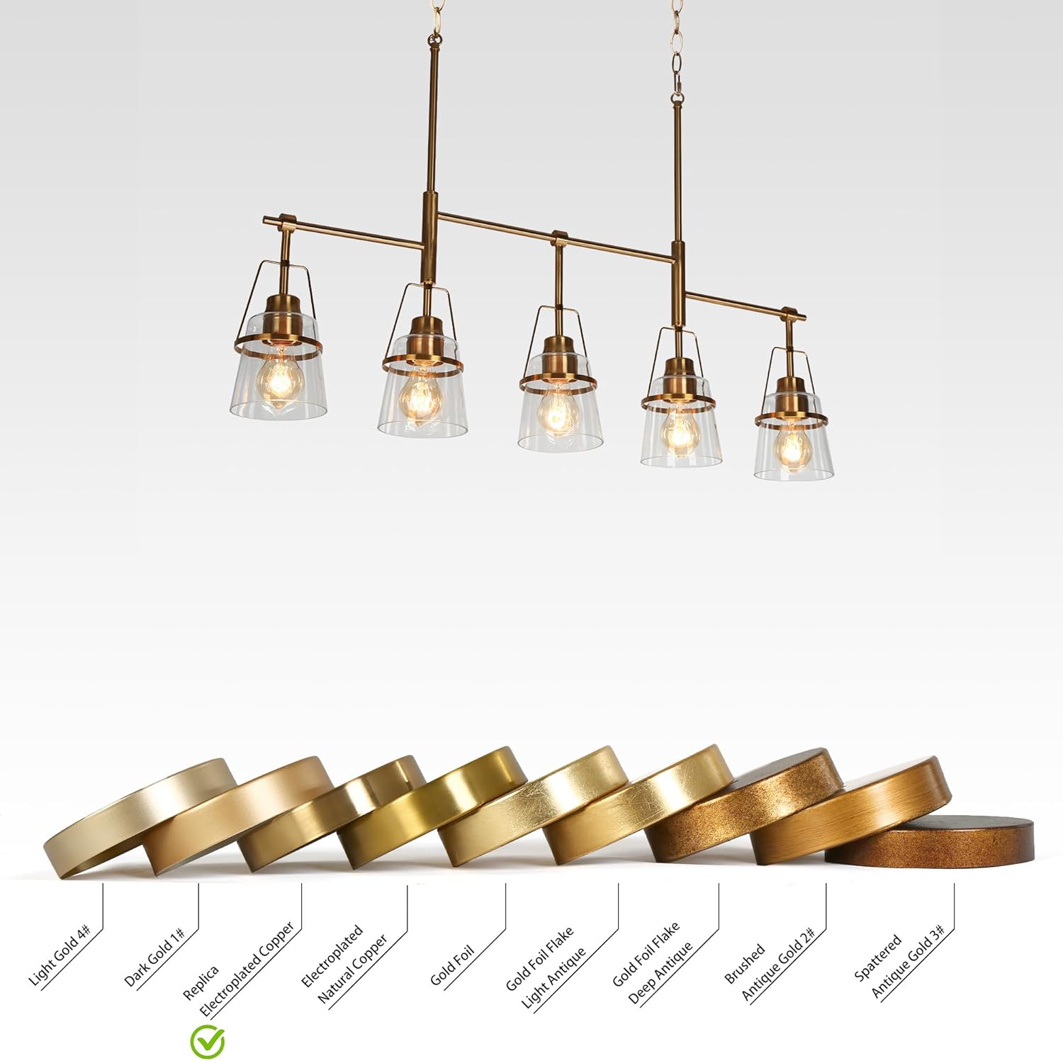 KSANA Island Light for Kitchen, Gold Glass Dining Room Light Fixture Over Table, 5-Light Electroplated Copper Linear Chandelier Pendant Lighting for Dining Table Kitchen Island Living Room