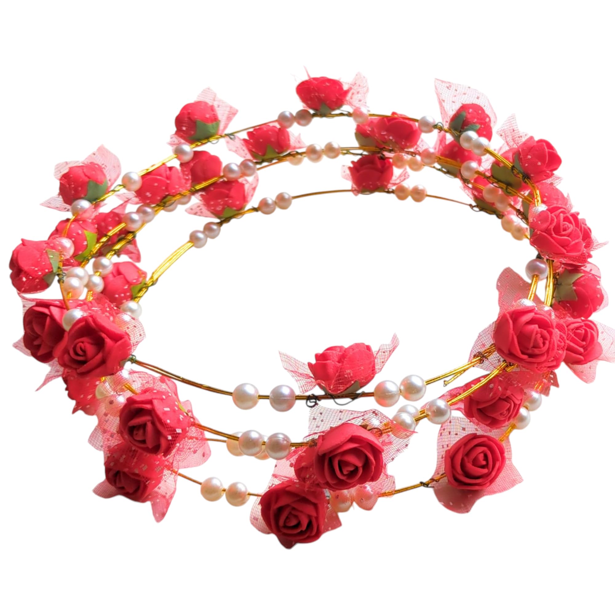 Pearl and Red Rose Floral Hair Crown Tiara, Wedding Headpiece, Gold Wire Halo, Set Of-image-44