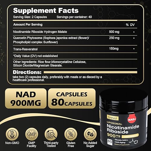 Miniatura 5 de Suplemento NAD para hombres y mujeres ribósido liposomal de nicotinamida con resveratrol y quercetina - Fórmula de alta absorción para energía,