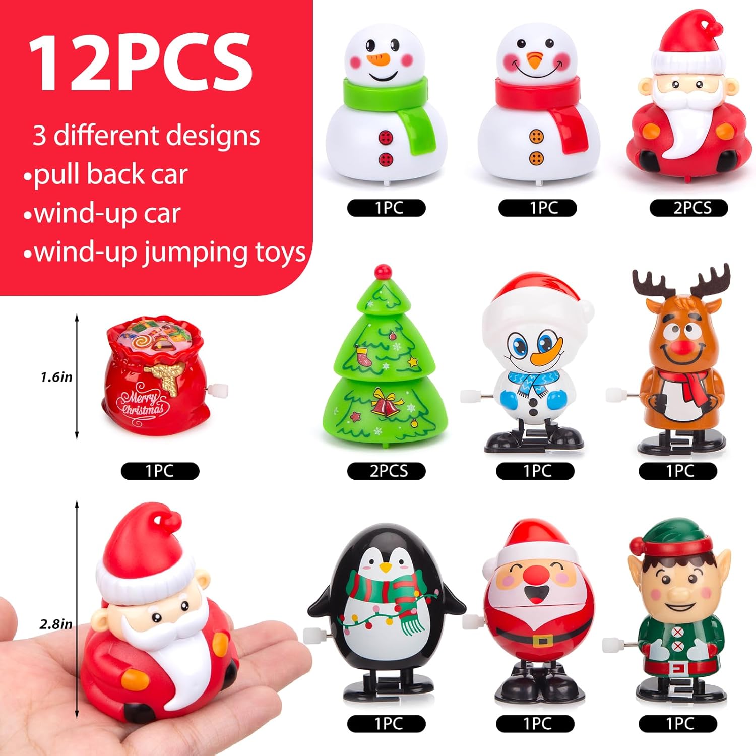 AMOR PRESENT 12PCS Christmas Wind Up Stocking Stuffers, Christmas Wind Up Toys Set Pull Back Cars Jumping Walking Toys for Goodie Bag Fillers Party Favors