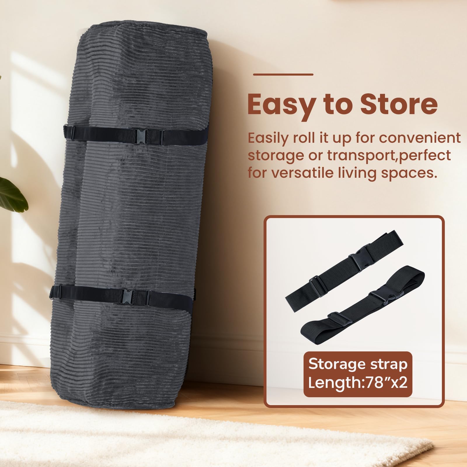 10" Futon Mattress Queen Size,Futons Sofa Couch Bed with Straps, Thick Corduroy Floor Mattress for Adults, Roll Up Folding Mattress Shredded Foam Filling, Medium Firm (Gray, Full)