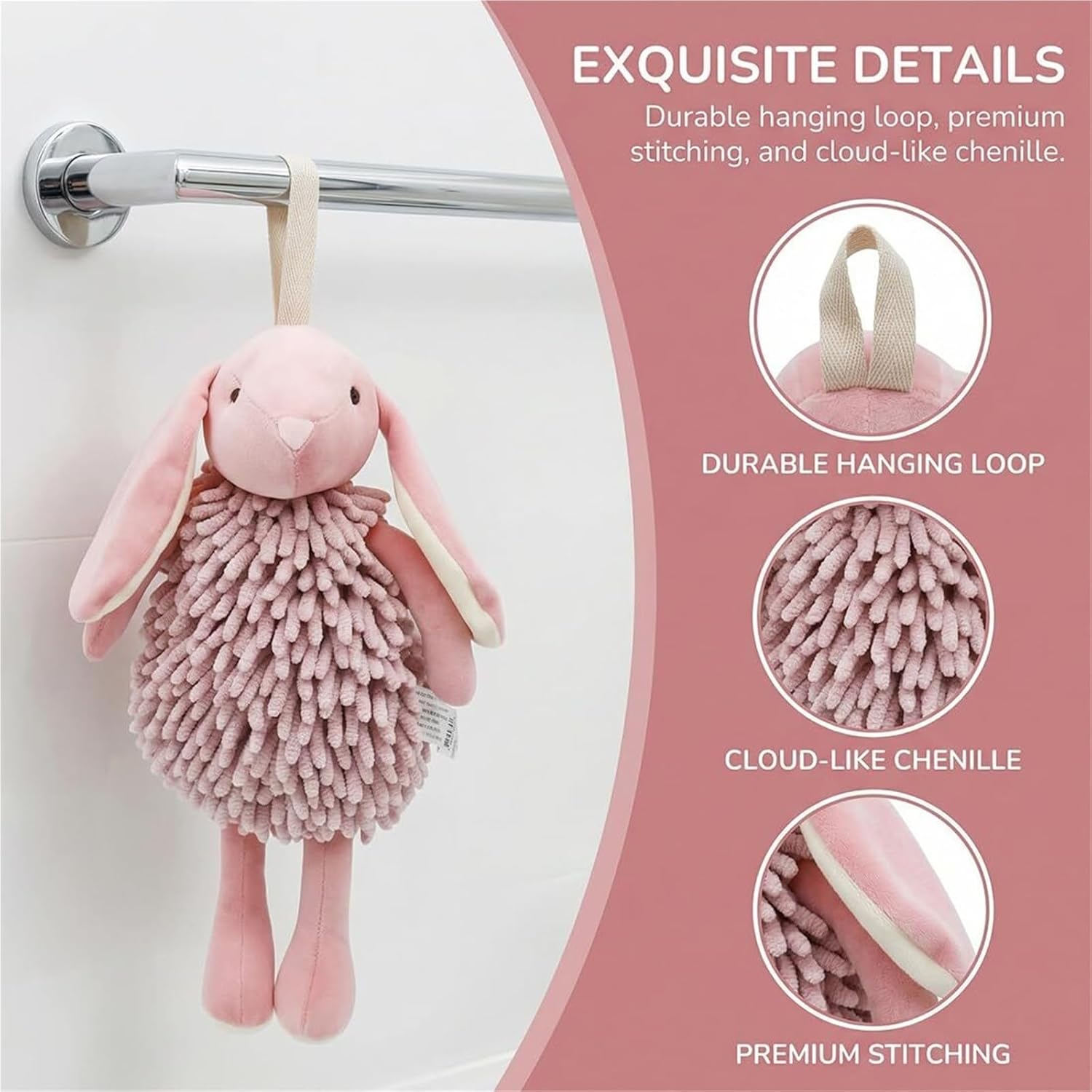 Rabbit Pom-Pom Towel - Quick-Drying Chenille Handkerchief, Fluffy 3D Animal-Shaped Handkerchief Ball, Creative Easter Bunny Decorative Towel, Suitable for Bathrooms and Kitchens(2pcs-c)