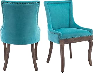 Aoowow Fabric Farmhouse Upholstered Side Chairs Set of 2, Vintage Solid Wood Kitchen Dining Room Chairs with Nailheads Solid Wood Legs (Lake Blue)