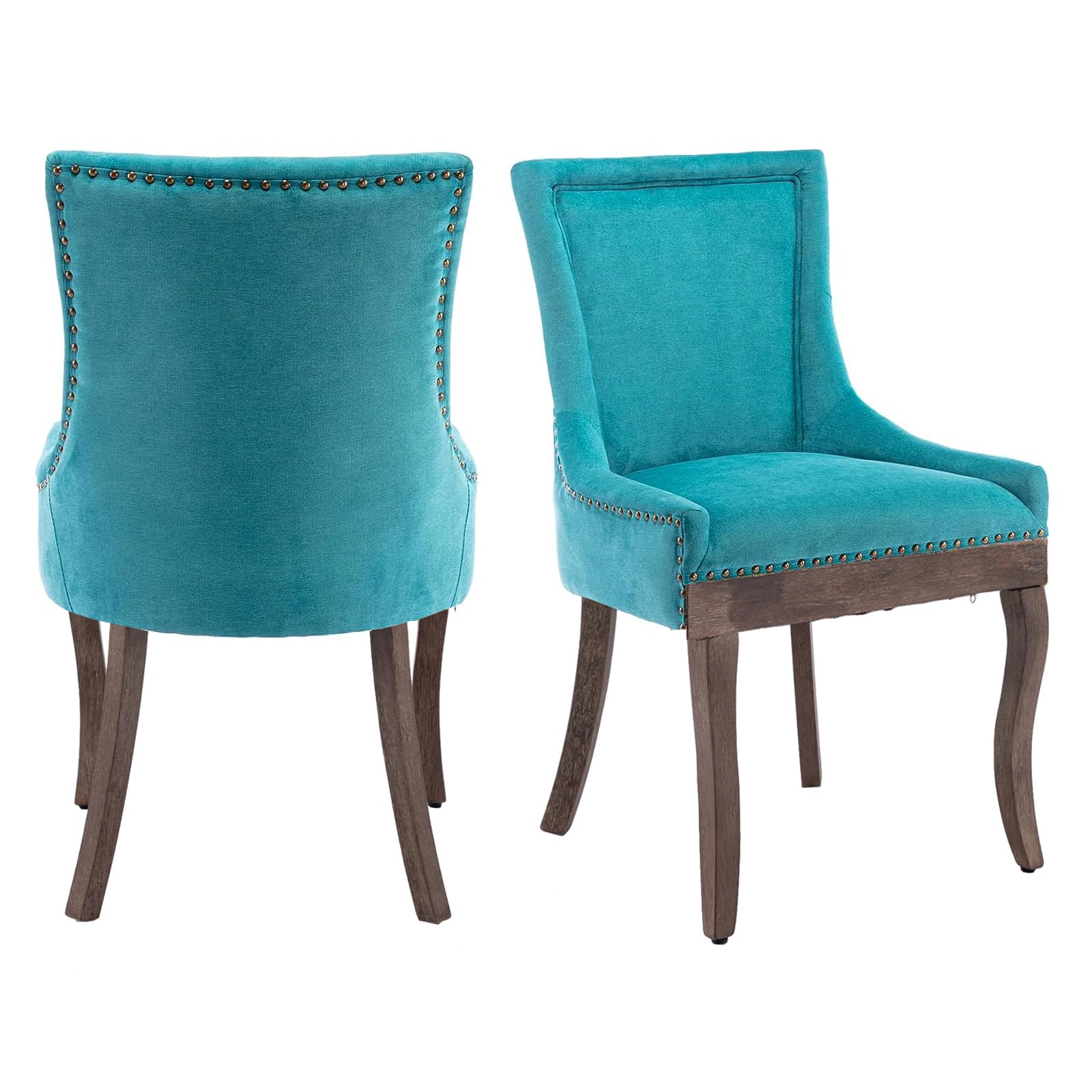 Aoowow Fabric Farmhouse Upholstered Side Chairs Set of 2, Vintage Solid Wood Kitchen Dining Room Chairs with Nailheads Solid Wood Legs (Lake Blue)
