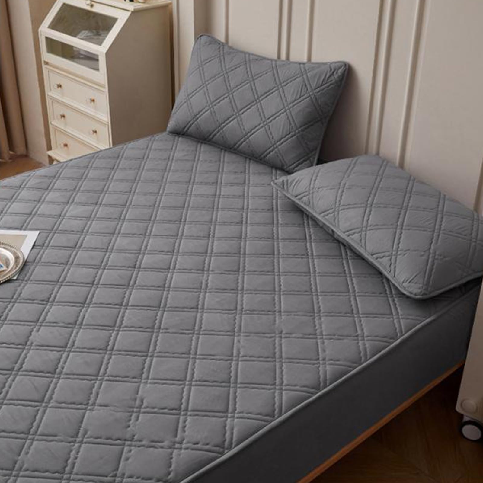 Wasserdichter Matratzenschoner 150x200 cm Spannbettlaken, Super saugfähig, für 30CM Hohe Matratzen, Kuschelig weich(Gray,153 * 203cm (2*Pillowcases))