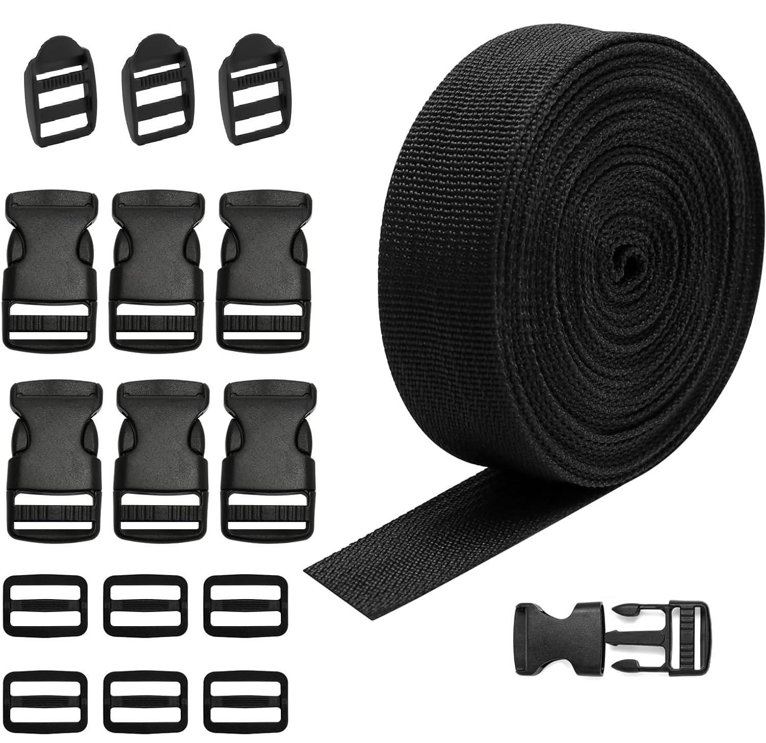 2.5cm*15m Meters Nylon Webbing Strap 15 M x 25mm Cinta De Correa Negra Con 36 Hebilla De Plástico Para Mochilas Resistente Cinta Persiana Con Hebilla De Liberación Rápida