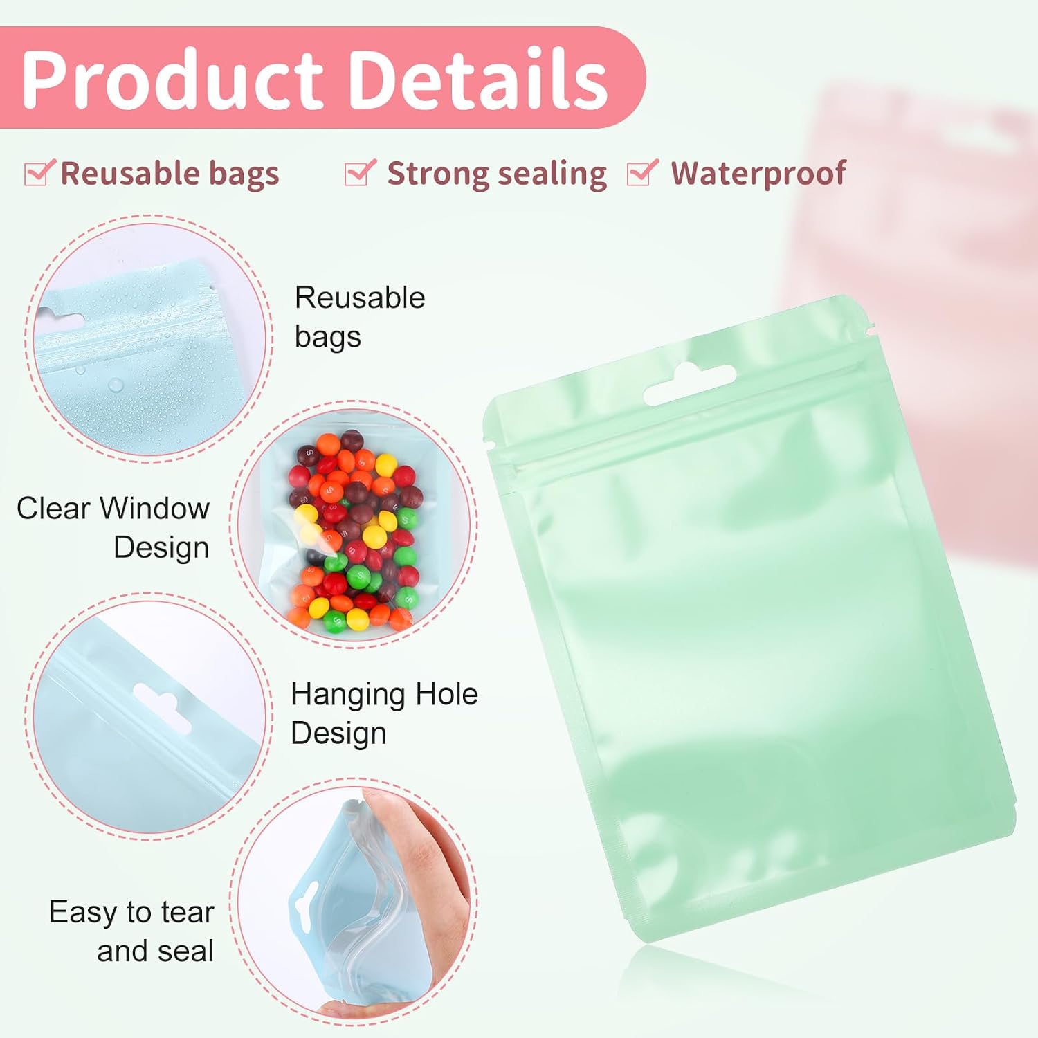 Zonon 120Pcs Sealable Bag, 3" X 4", 4" X 6", 5" X 8", 6" X 9", Pastel Color image 3