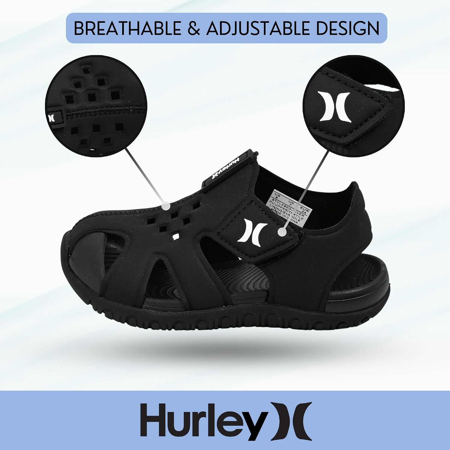 Hurley Kids Water Shoes – Quick-Dry Protective Toe Sandals with Adjustable Strap & Grip Sole for Beach, Pool, River & Summer Outdoor Play- River