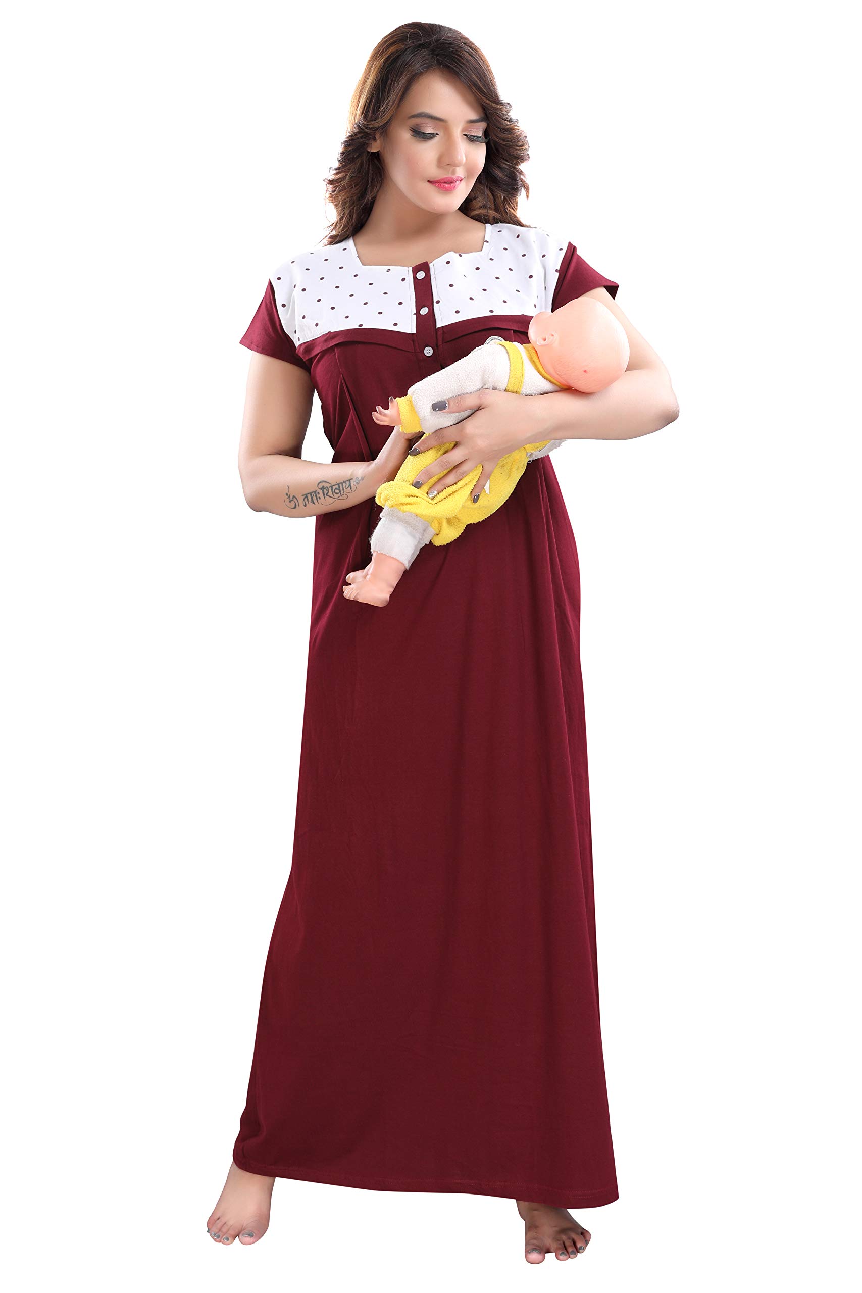 Women's Hosiery Cotton, Nursing, Feeding, Maternity Nighty - Zip Opening at Bust - Before and After Baby Multipurpose Night Floor Length Dress-image-12