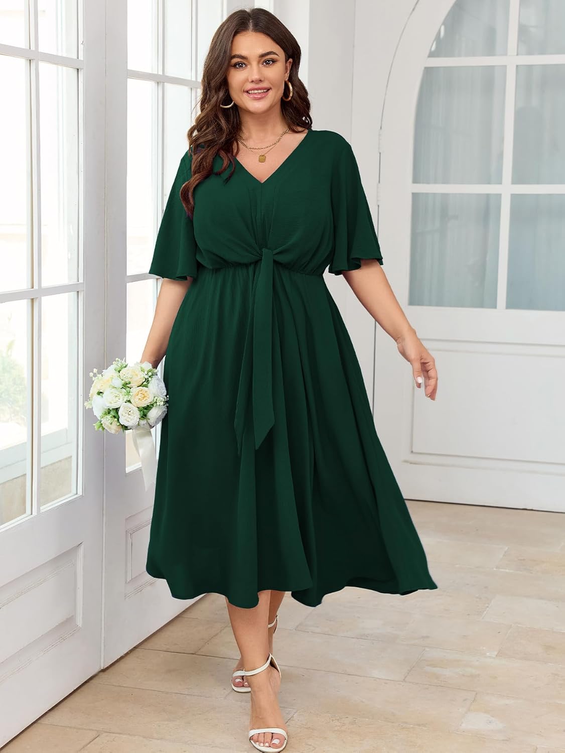 SCOMCHIC Women Plus Size Midi Dresses Wedding Guest Short Sleeve V Neck Tie Waist Casual Summer Flowy A Line Dress - Image 3