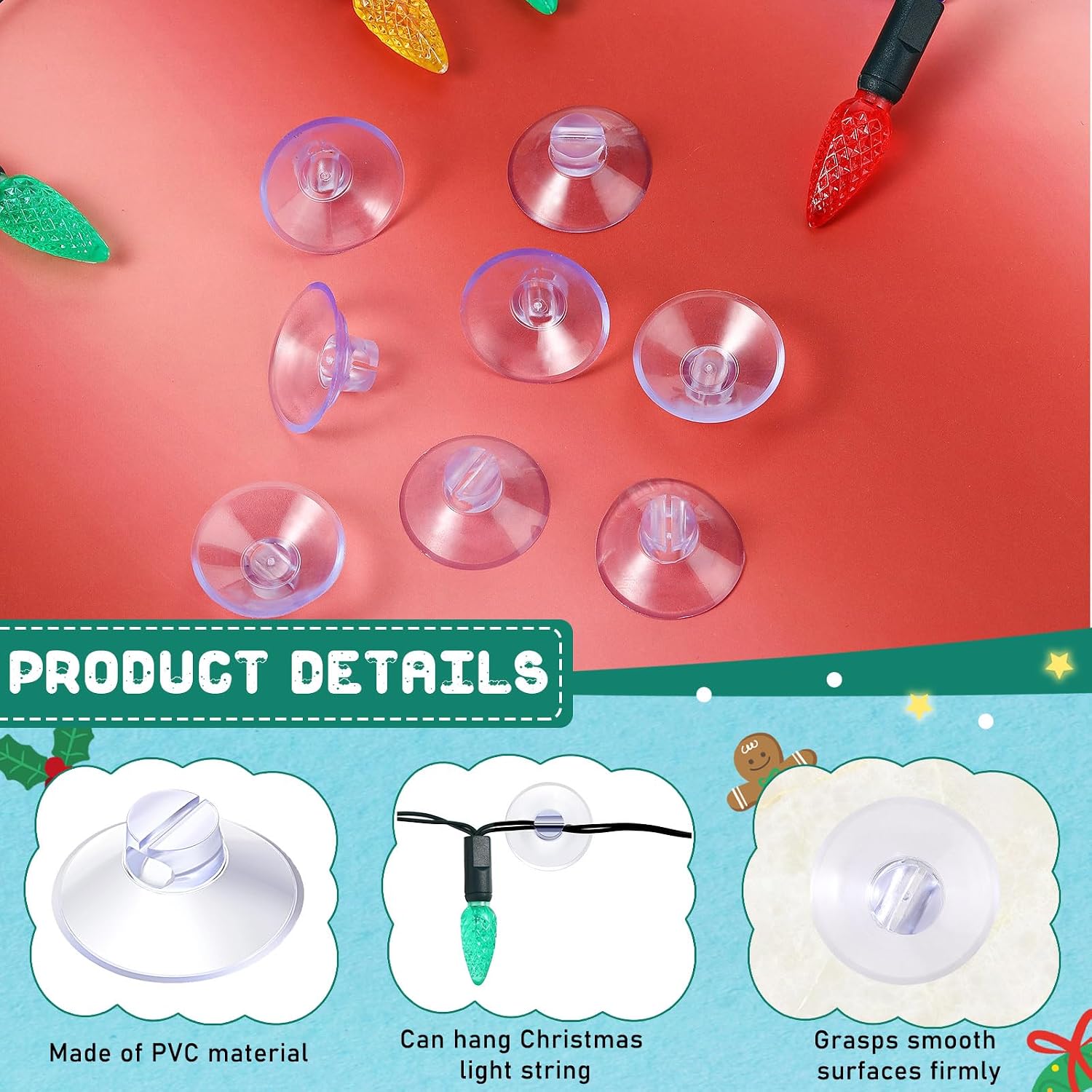 Sieral 60 Pcs Christmas Suction Cup Hooks for Lights Clear Mini Clips