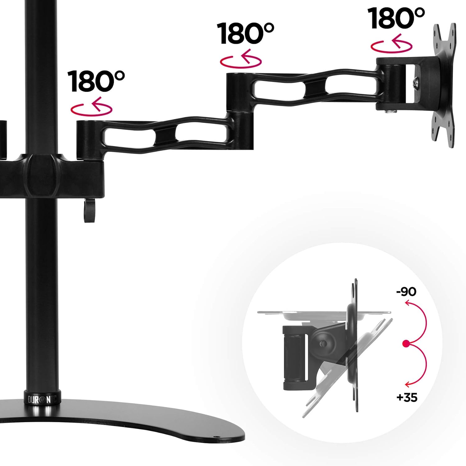 Duronic Monitor Arm Stand DM35D2 | Freestanding Double PC Desk Mount | Aluminium | for Two 13-27 inch LED LCD Computer or TV Screens | VESA 75/100 Brackets | Tilt +15°/-15°, Swivel 180°, Rotate 360°