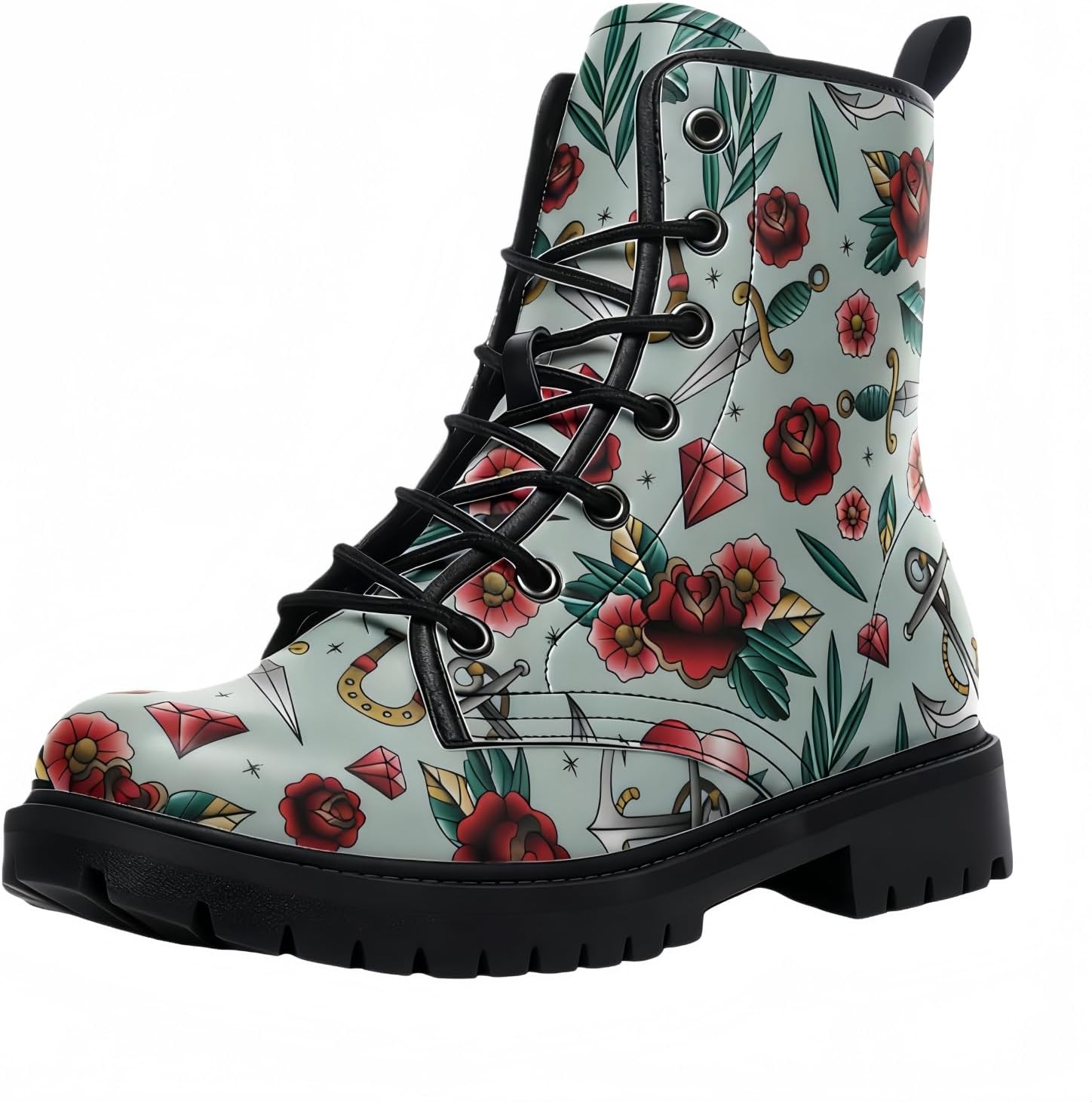 Women's Printed Short Boots Lace-up Chunky Heel Combat Ankle Booties for Girls Ladies Autumn and Winter Shoes Rose Skull Cartoon Pattern