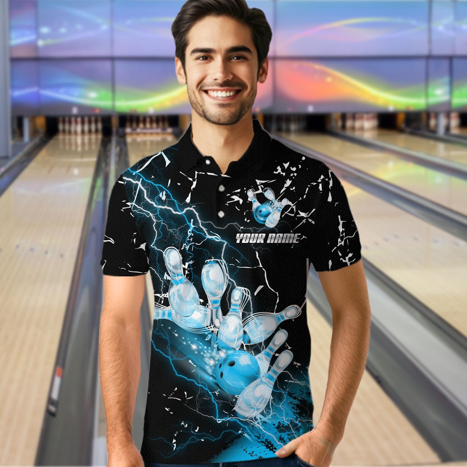 Custom Colorful Lightning Bowling Shirts for Men Women Team Bowling Jersey Bowling Polo & Quarter Zip Short Sleeve
