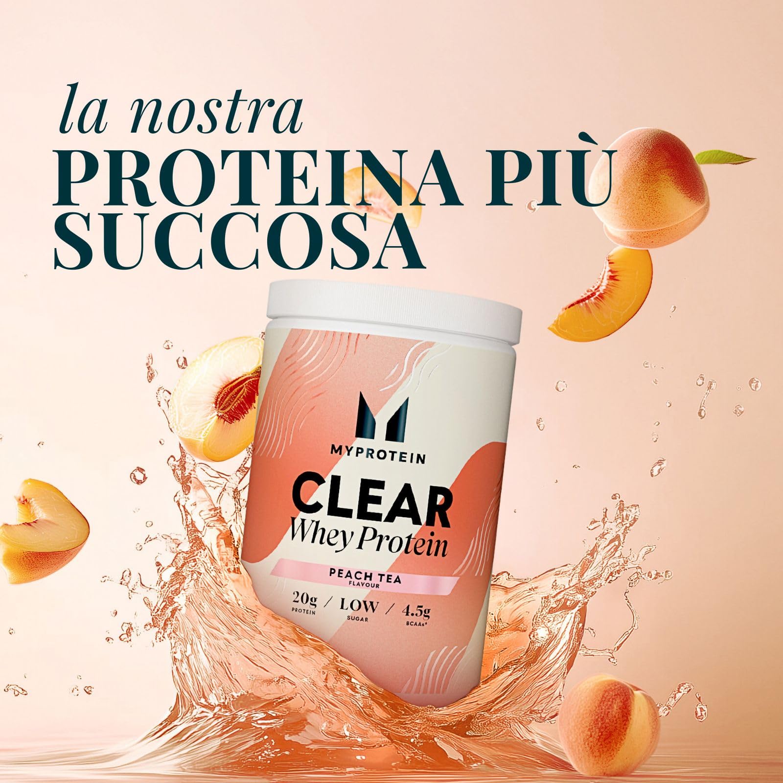Myprotein Clear Whey Protein | Tè alla pesca | 20 g di proteine | Basso contenuto di zuccheri | 4,5 g di BCAA | Solo 85 kcal | Bevanda proteica rinfrescante per la crescita e il recupero muscolare