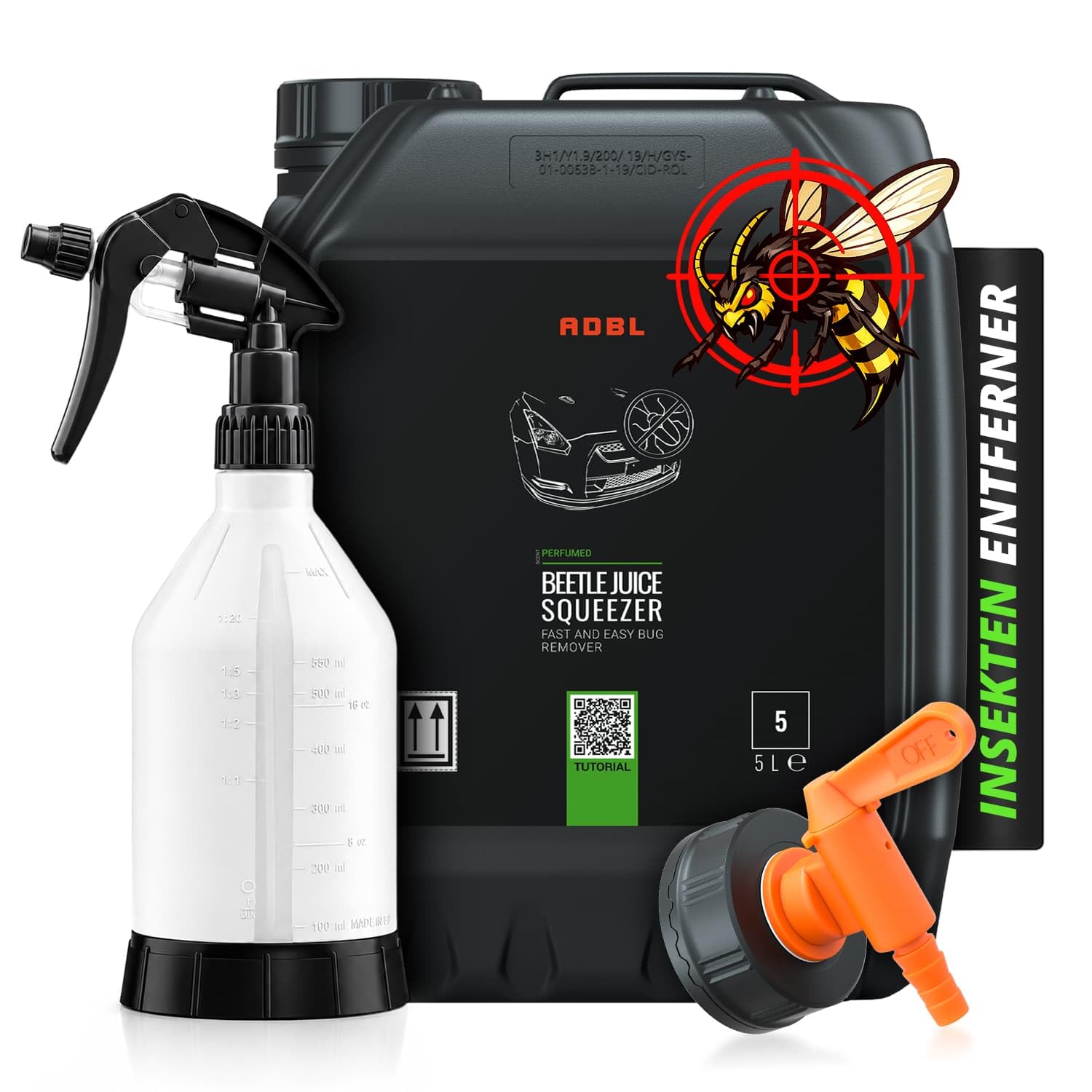 Shiny Freaks ADBL Beetle Juice Squeezer Insektenentferner 5L mit Auslaufhahn und Sprühflasche | Insektenreiniger Auto Vorwäsche | 3-teilig