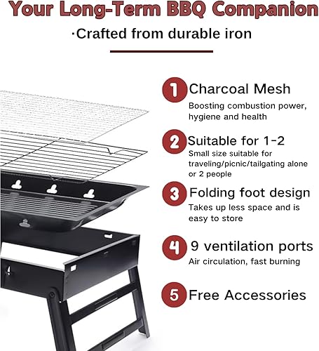 Miniatura 2 de Kit de parrilla de carbón portátil  Parrilla plegable de barbacoa de 17.3 pulgadas, alturas ajustables, 5 pinchos, 1 espátula, 1 tenedor, mini