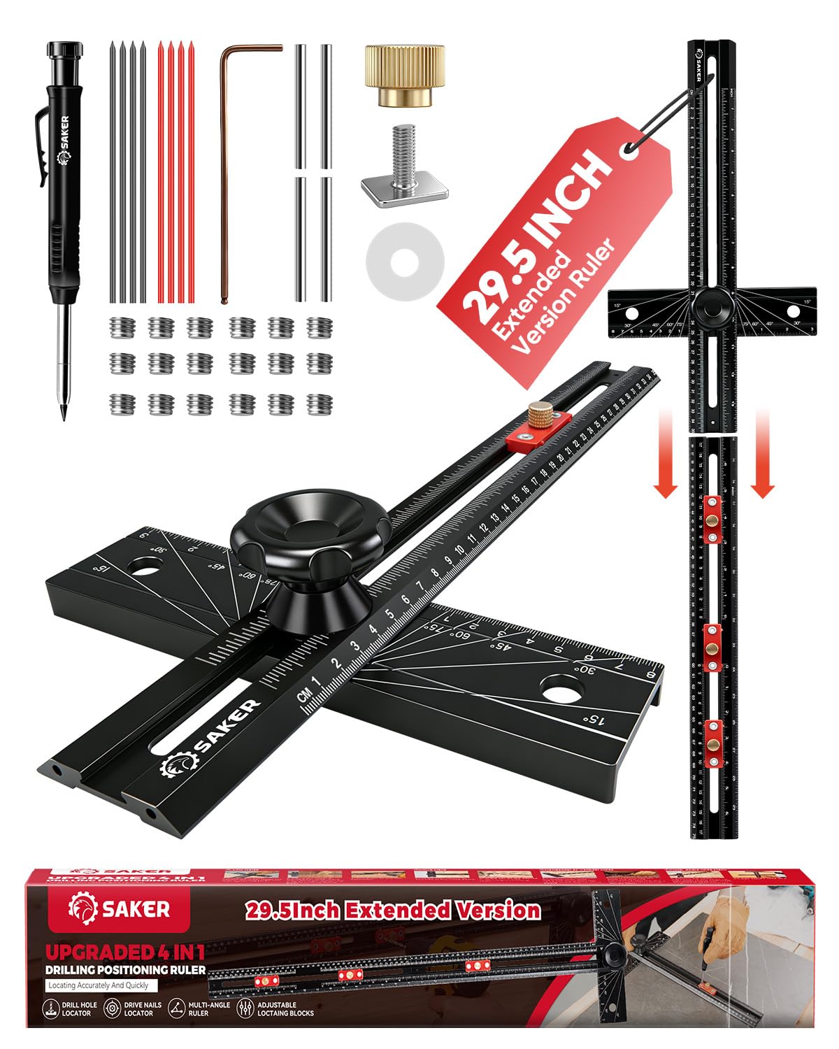 Saker 4-in-1 Scriber Marking Line Ruler, 29.5in Spliceable Extended T Square, Precision Line Drawing & Drilling Positioning Tool, Cabinet Hardware Jig with Angle Adjustment for Woodworking — Amazon image 10
