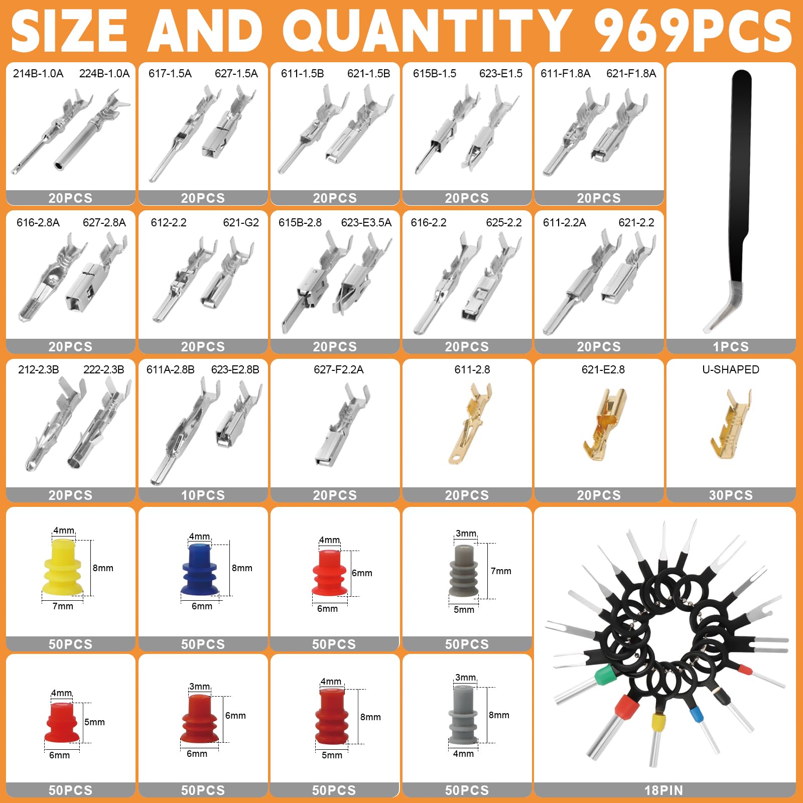 Kit connettori elettrici per auto 971 pezzi con crimpatrice SN-58B e spelafili, terminali 1,0–3,5 mm, tappi di tenuta e strumenti di estrazione