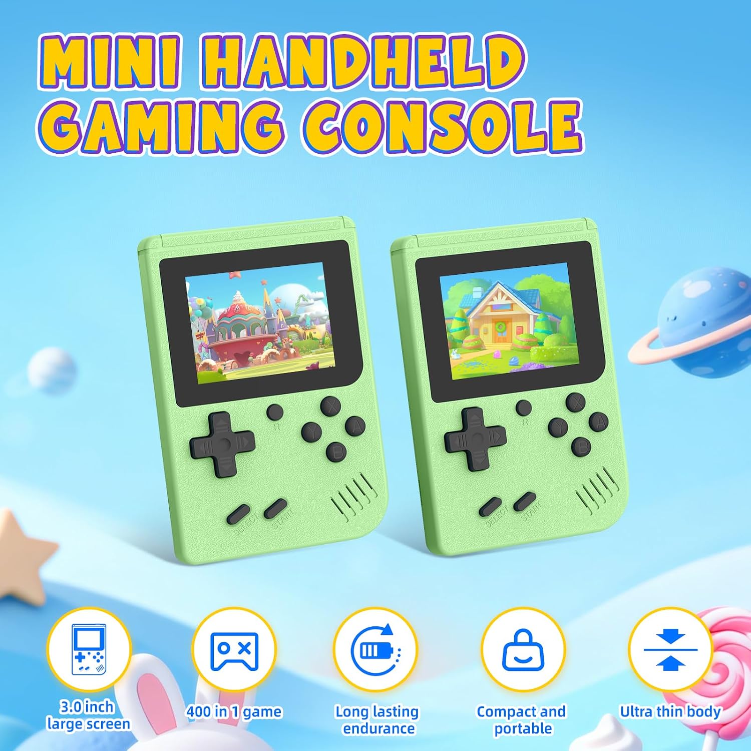 3.0 Inch IPS Screen with Mini Handheld Game Console, Built-in 400 Games | 1020mAh Rechargeable Battery Pocket Player Travel Games Arcade, Light Green
