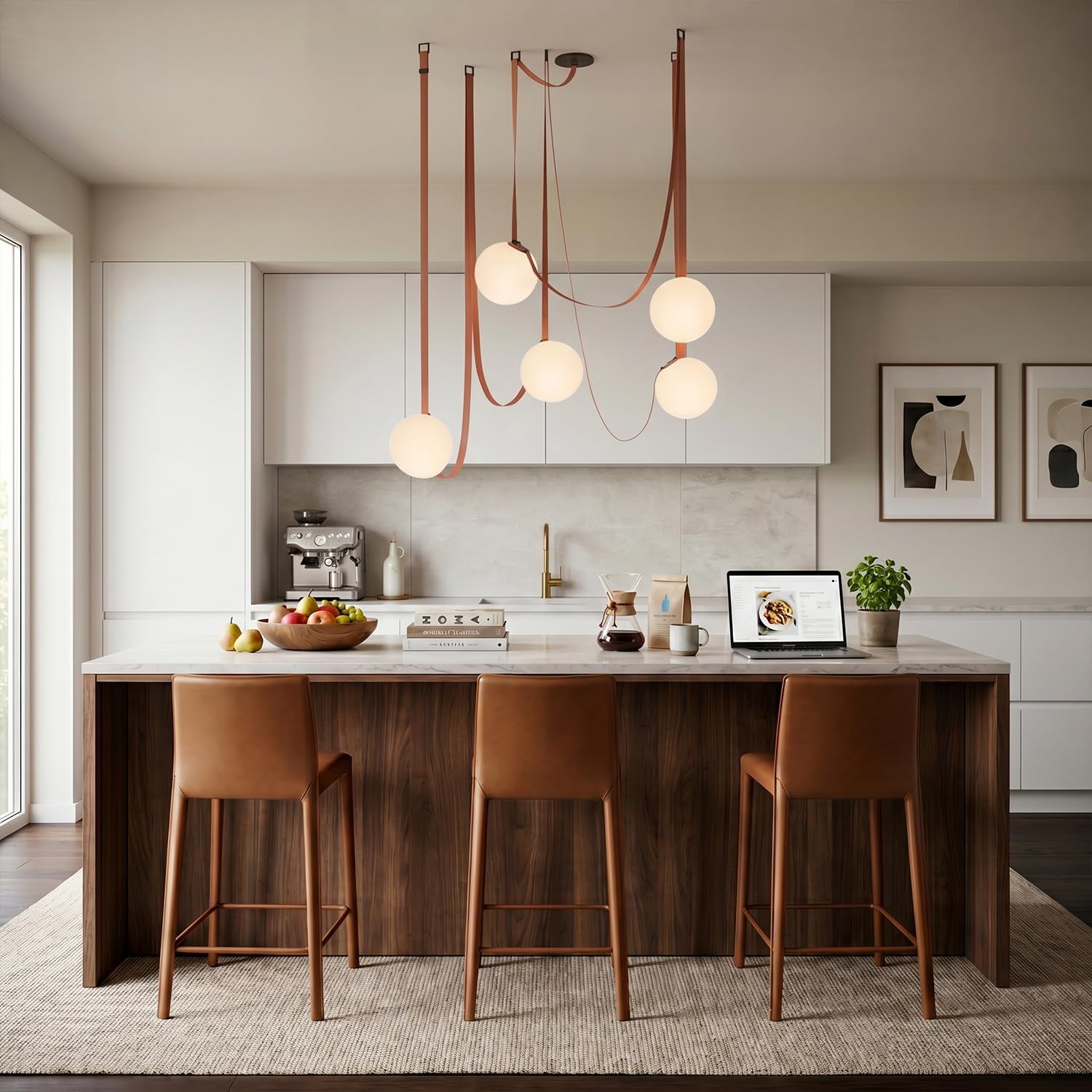 Nordic white glass spherical pendant light, high ceiling design, long pendant light, DIY spider shaped pendant light, leather chain, suitable for living room, dining room, stairs (brown, 5 lights)