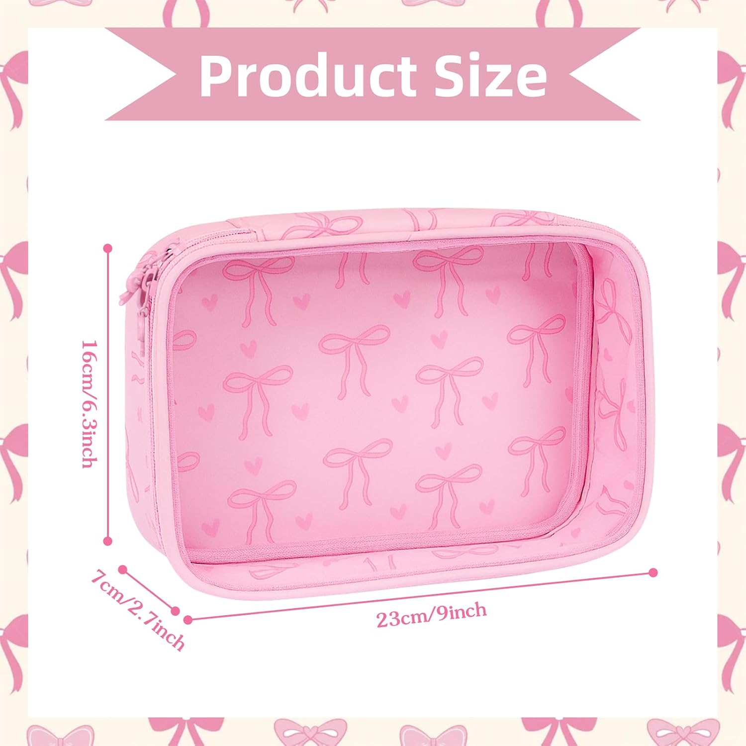 Pink Clear Bow Cosmetic Bag for Women Girls Cute Bow Travel Bag Coquette Zipper Model Cosmetic Bag for Birthday Gift (Heart Bow) - Image 2