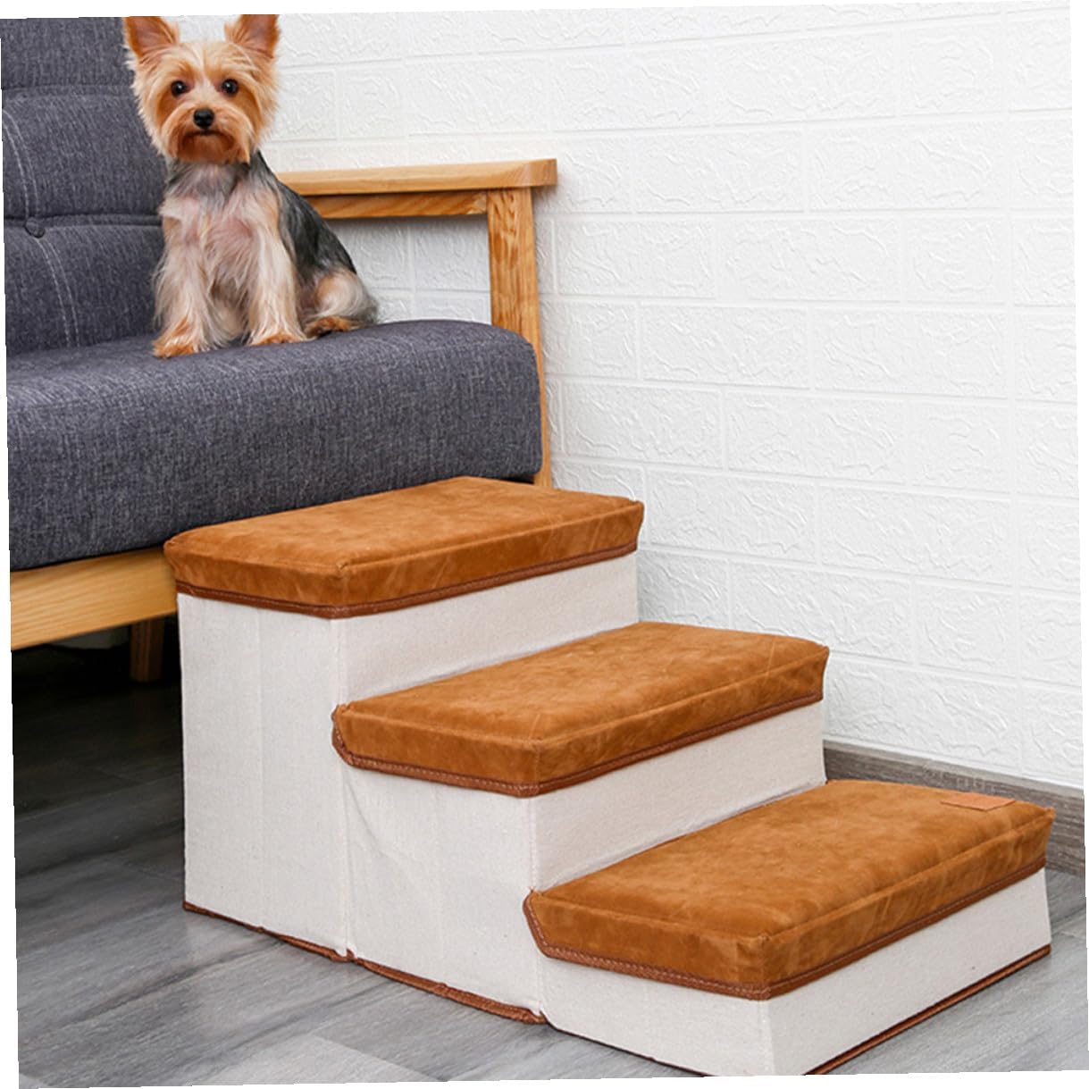 Foldable Dog Climbing Ladder with Non-Slip Steps Brown Pet Stair Indoor Puppy Accessory for Small to Medium Dogs and Cats
