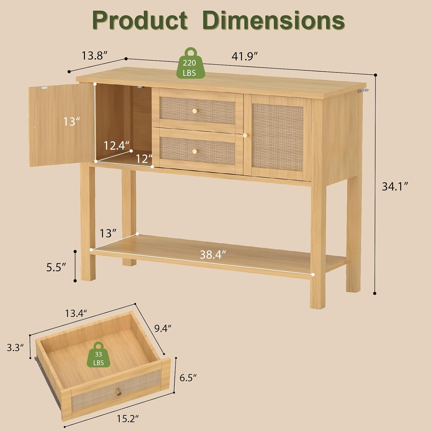YOSHOOT Rattan Console Table with Storage, Entryway Table with 2 Doors & 2 Drawers, Farmhouse Coffee Bar for Kitchen, Living Room, and Entryway, Oak