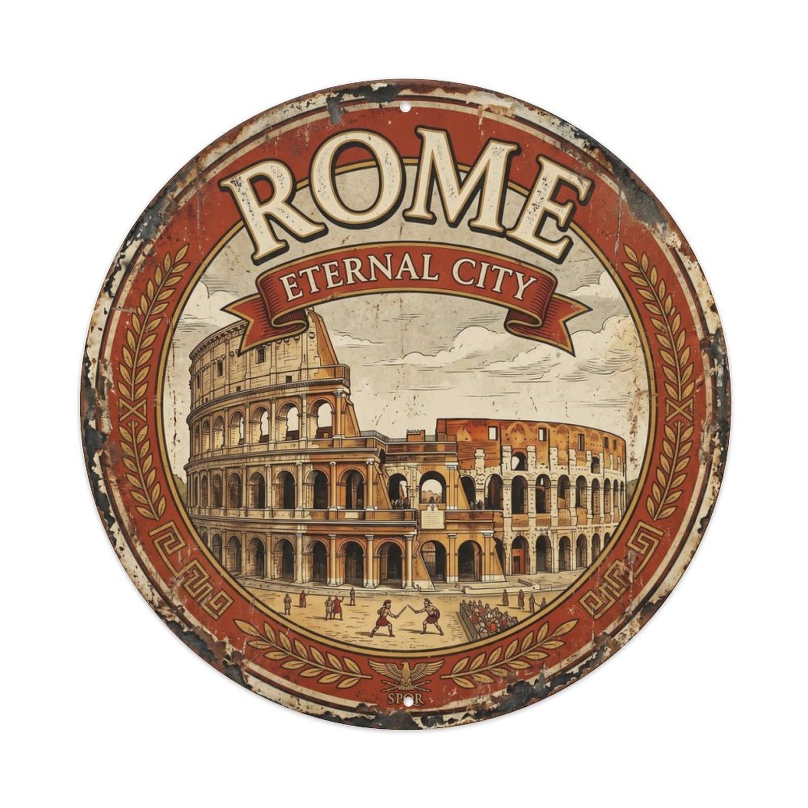 Vintage Travel Rome Colosseum Ancient Metal Tin Sign Plaque Wall Decor for Cafe, Club Bar, Office, Home Garden Round Metal Poster 8x8Inch