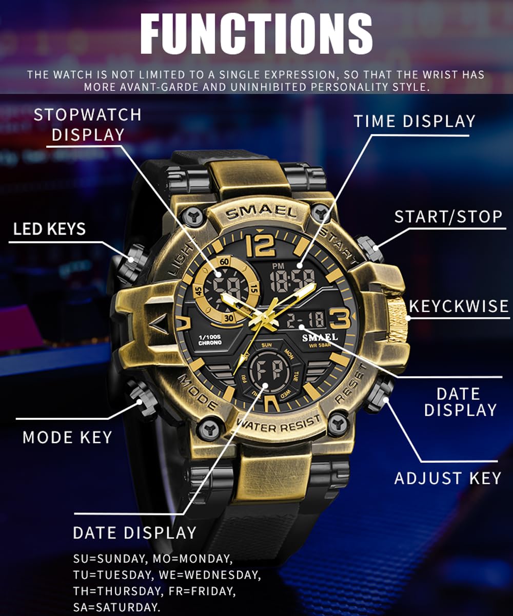 SMAEL Montres militaires d'extérieur numériques carrées étanches tactiques militaires militaires hommes montres de sport hommes noir 8110