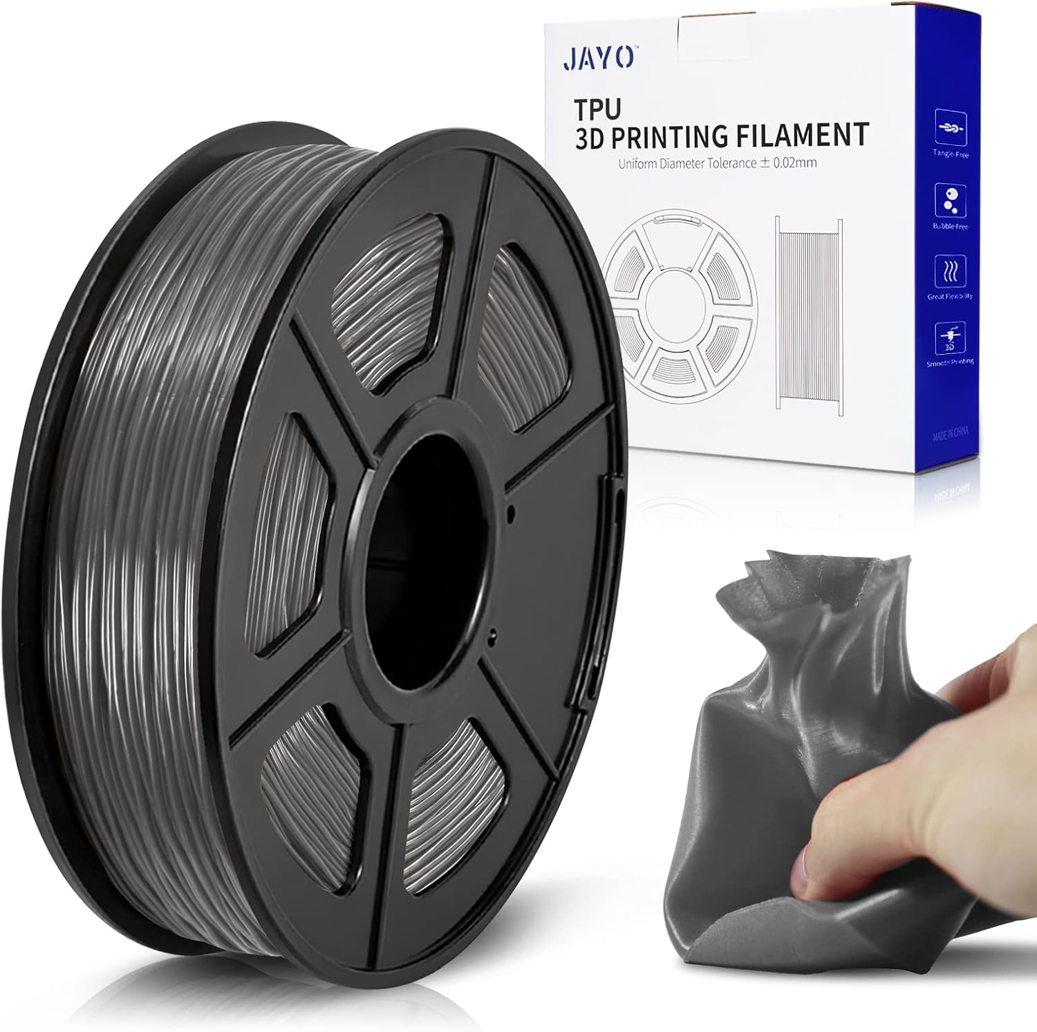 JAYO TPU 3D Printer Filament, 1.75mm Flexible TPU 3D Printing Filament Material fit for FDM 3D Printers, Dimensional Accuracy +/- 0.03mm Soft Consumables, 0.5KG, TPU Gray